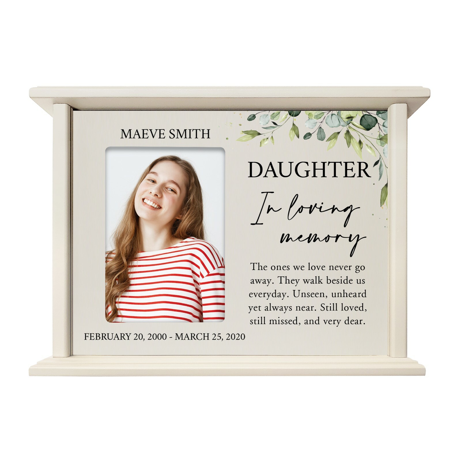 Custom Cremation Urn Box Holds 200 cu in w/ 4×6 Photo – Loving Memory (Daughter)