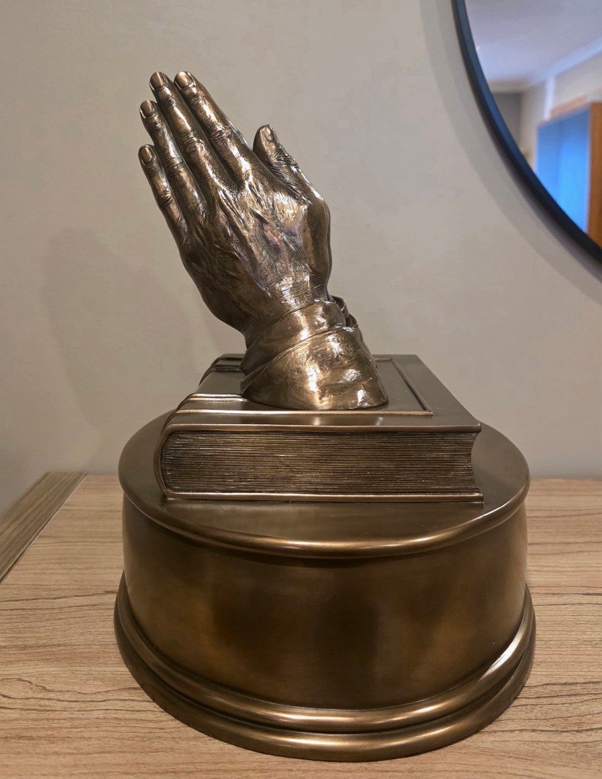 Metal Cremation Urn with Praying Hands and Book Sculpture Religious Motif