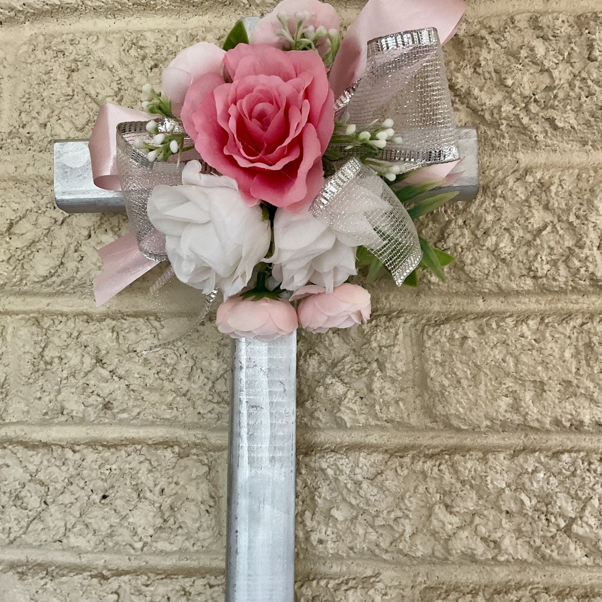 Cemetery flowers, cemetery decoration, memorial flowers for a female, cross memo
