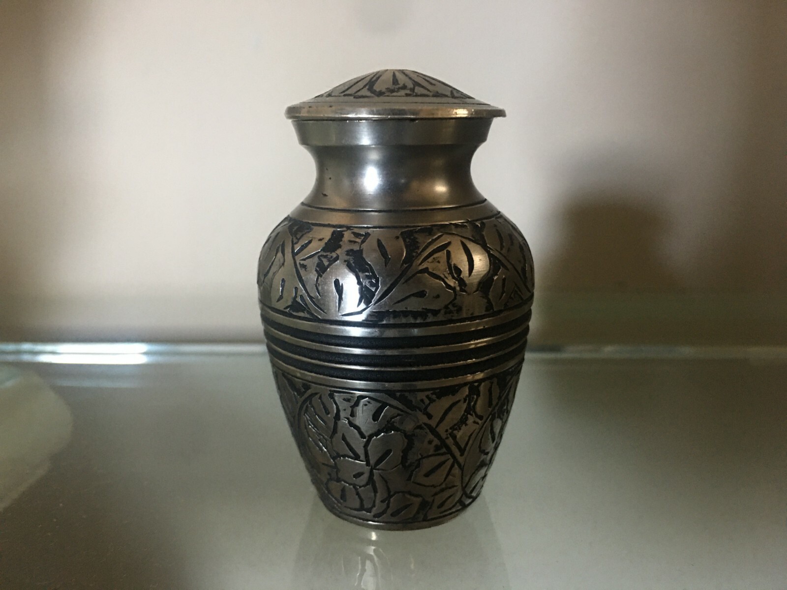 2812 solid brass keepsake cremation urn with leaf engraving- pewter finish