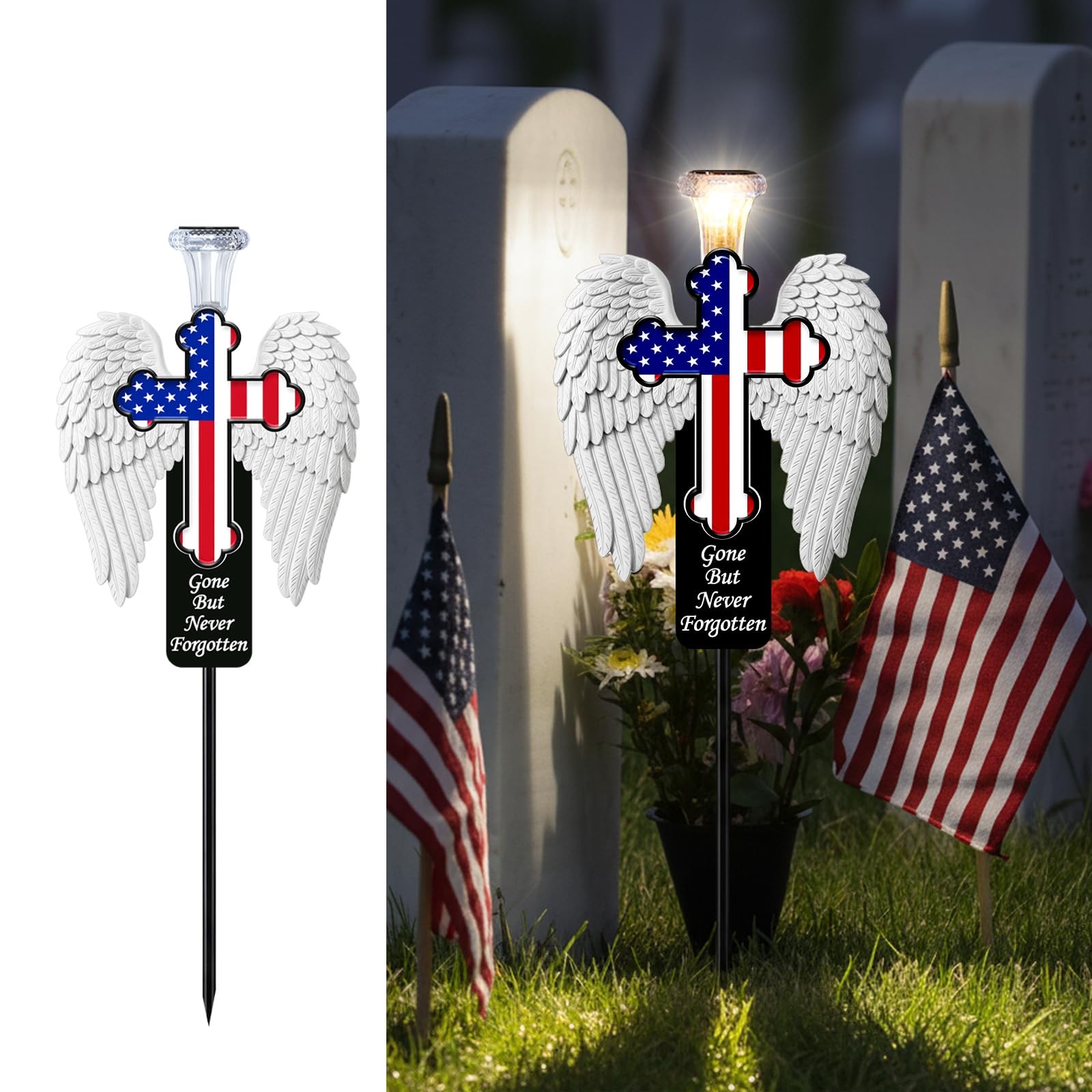 Solar Memorial Cross with Angel Wings Patriotic American Flag Cemetery Decor…