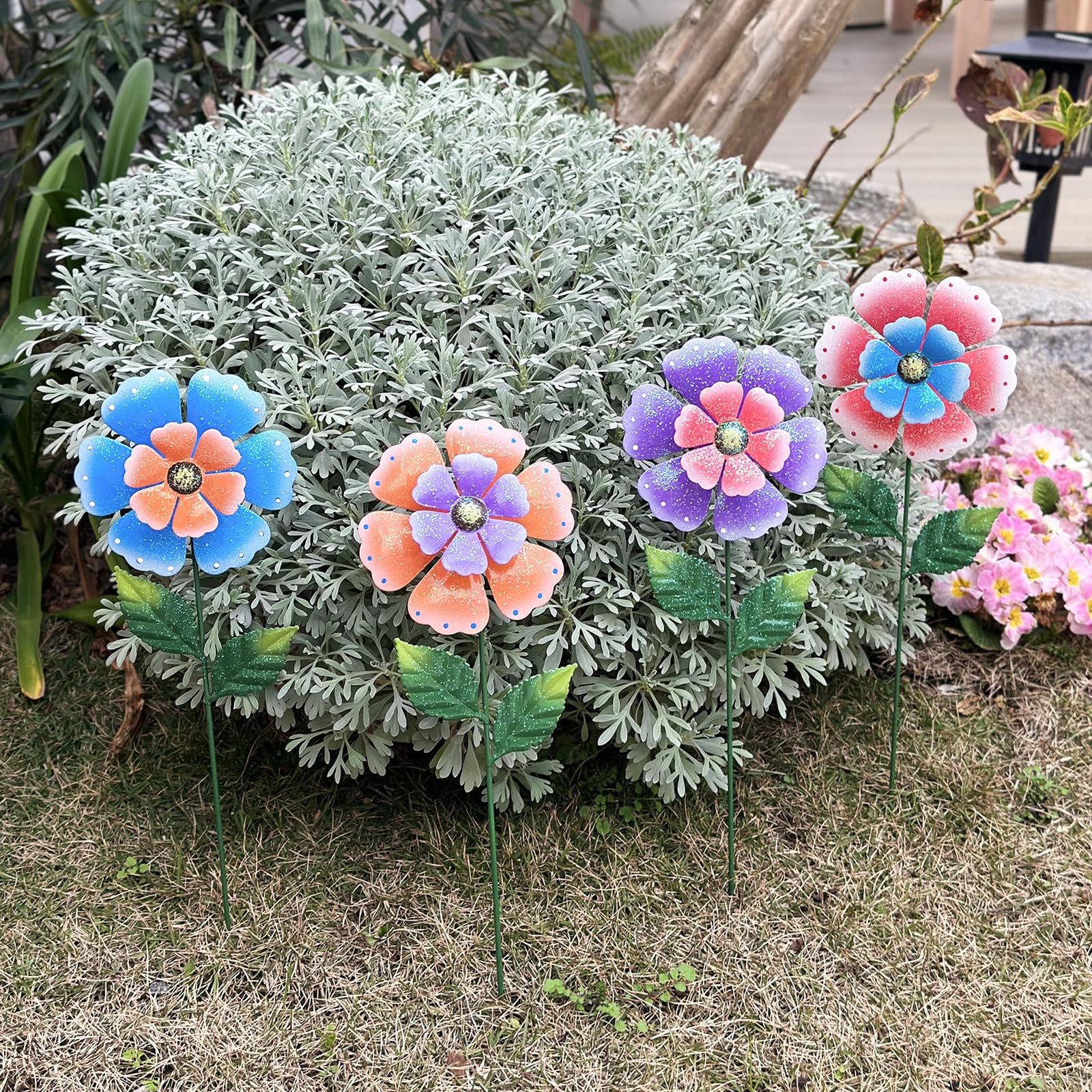 4-Pcs 16.5″ Metal Flower Garden Stakes: Hand-Painted, Weather-Resistant Decor