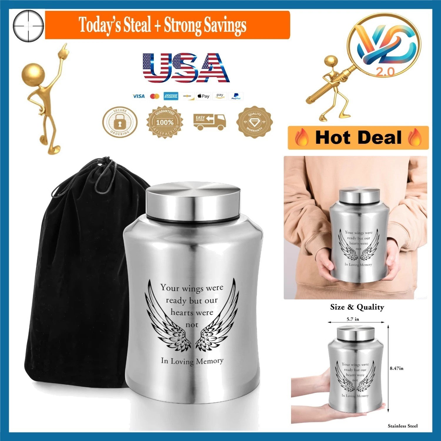 Large Stainless Steel Cremation Urn for Adults with Wings Engraving Silver
