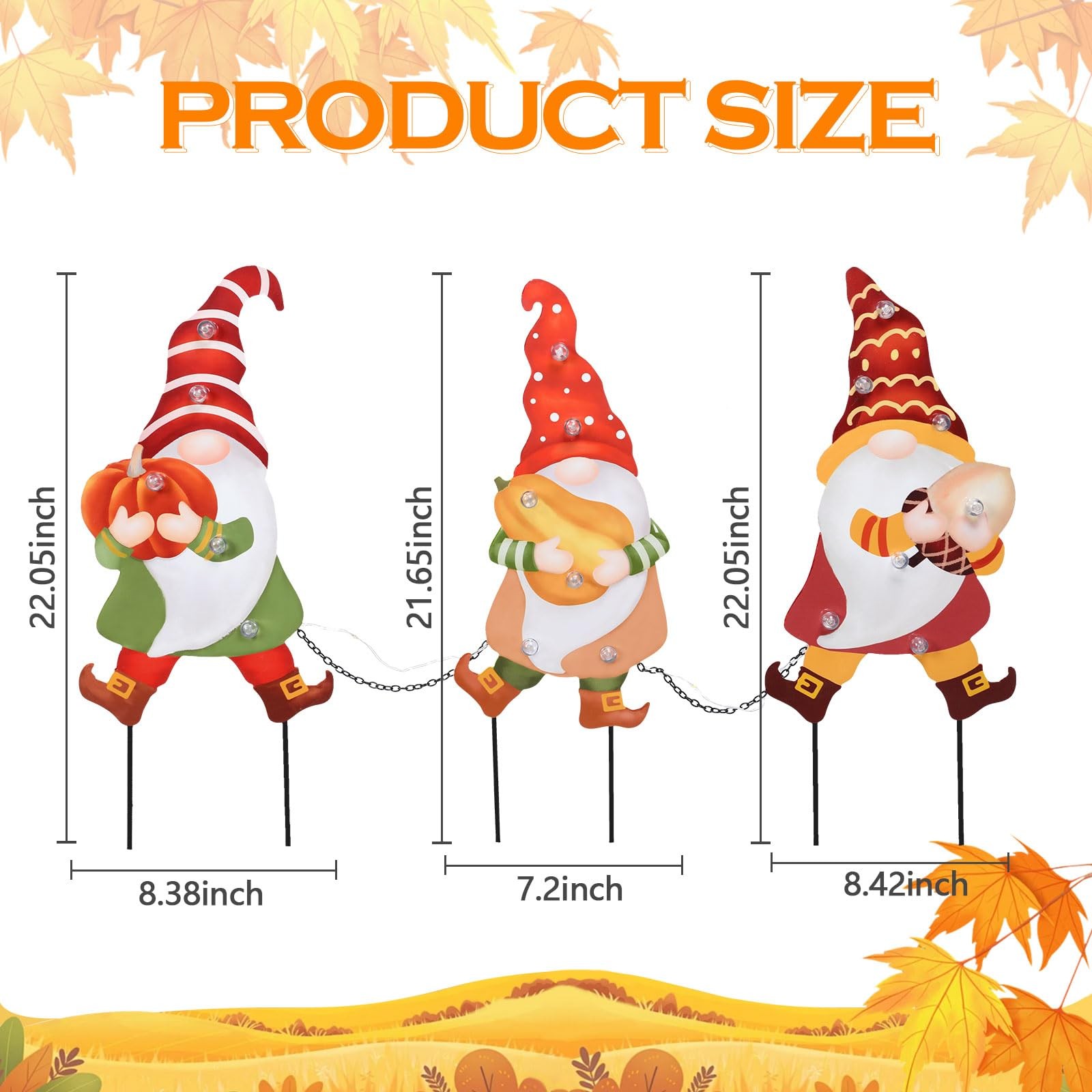 3 PCS Fall Yard Sign Metal Gnomes Decorative Garden Stakes with Led Lights Au…