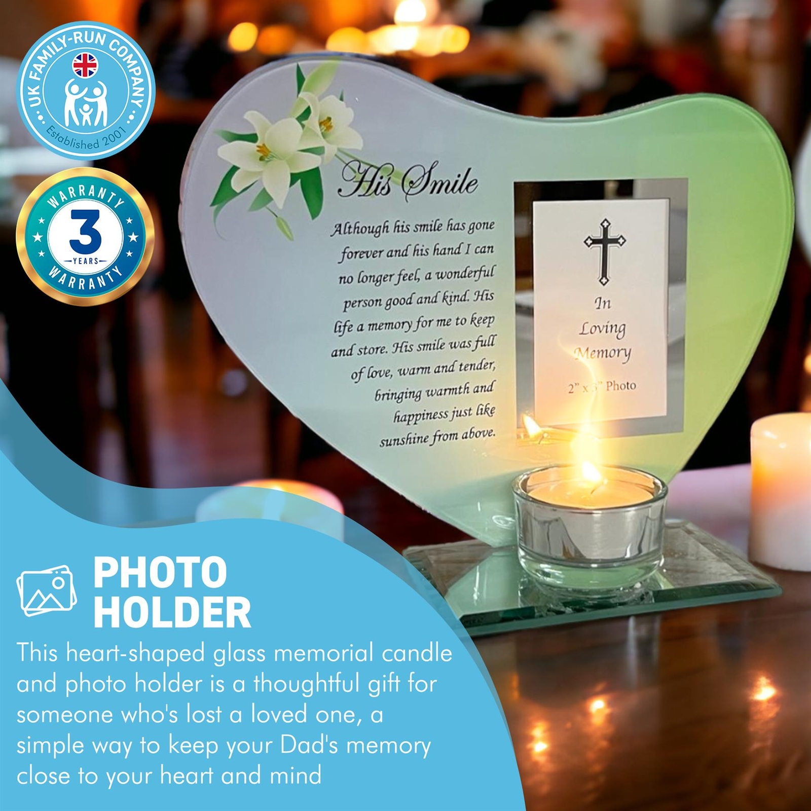 HIS SMILE glass memorial candle holder and photo frame
