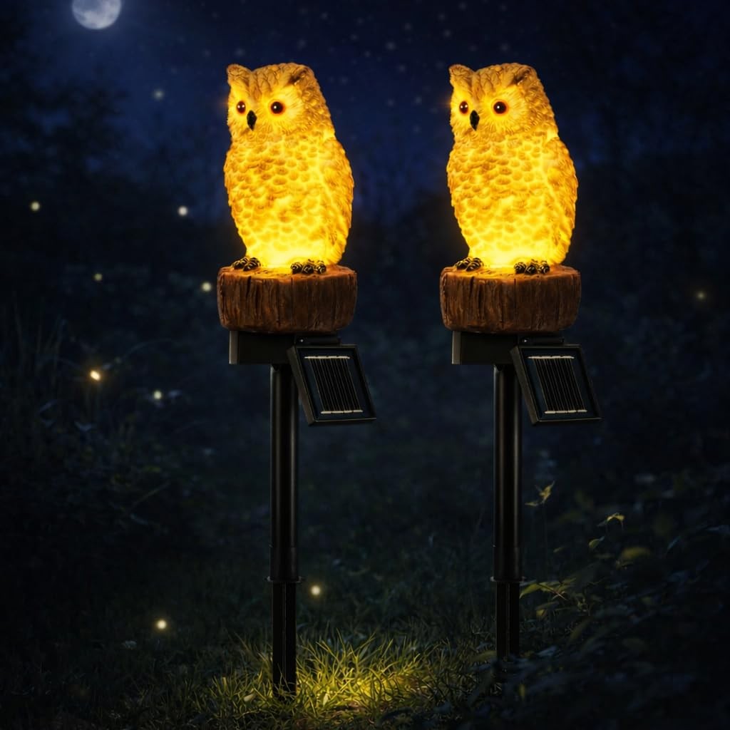 2PC Solar Owl Garden Stake Lights, Handcrafted Resin Owl Outdoor Decor with S…