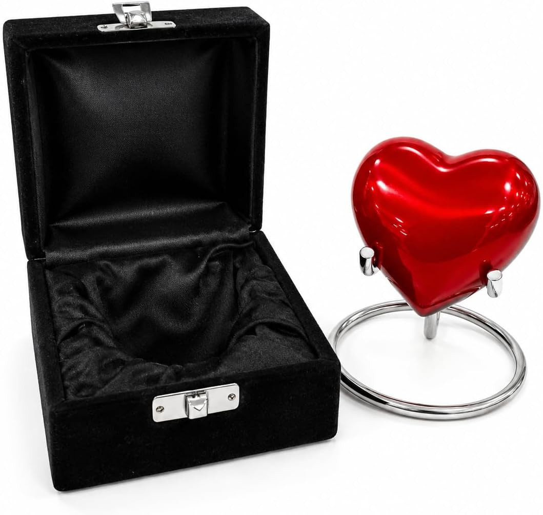 Red Heart Cremation Urn – Keepsake for Human Ashes with Premium Box & Stand – Sm