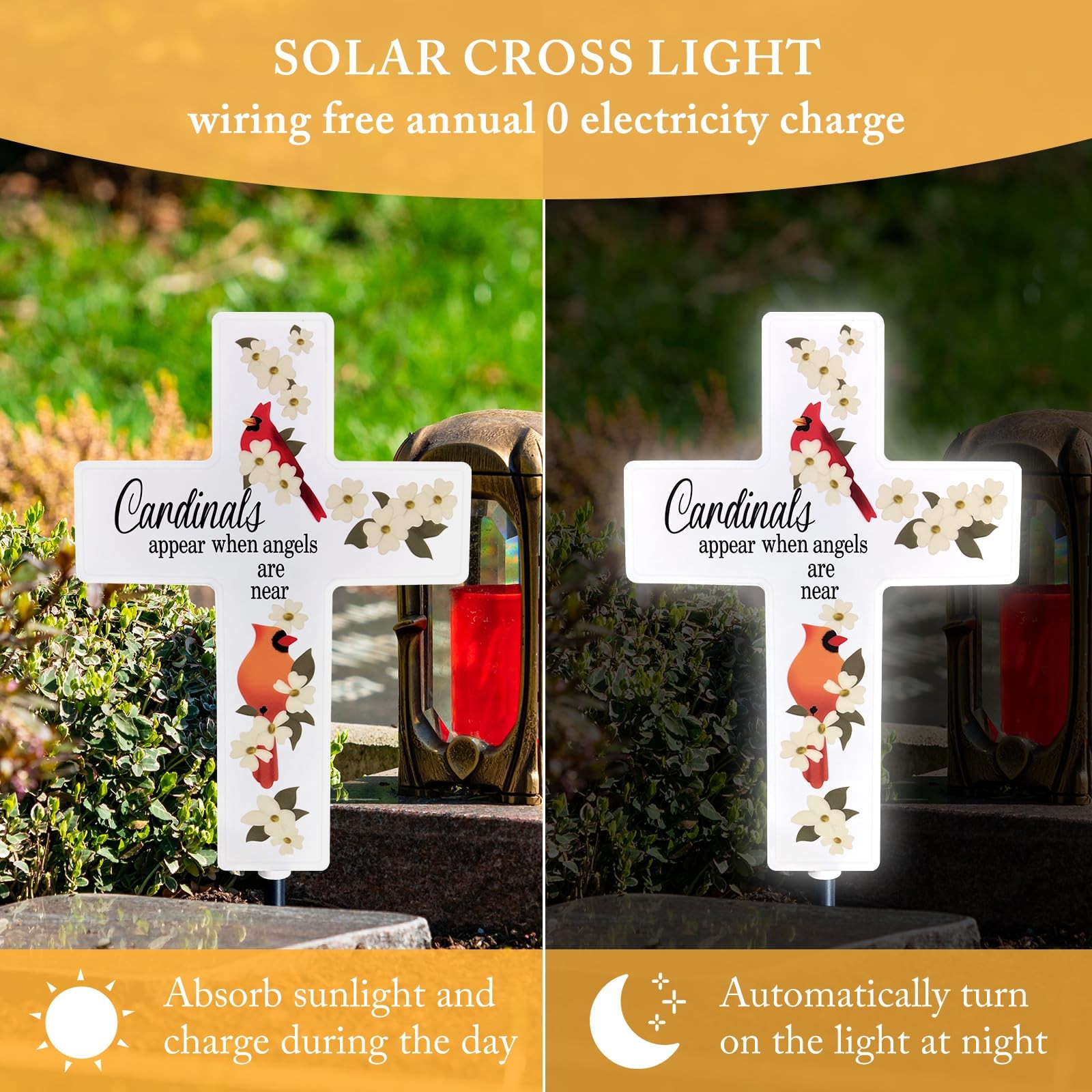 Solar LED Garden Cross Marker Lighted Memorial Decoration for Gravesite