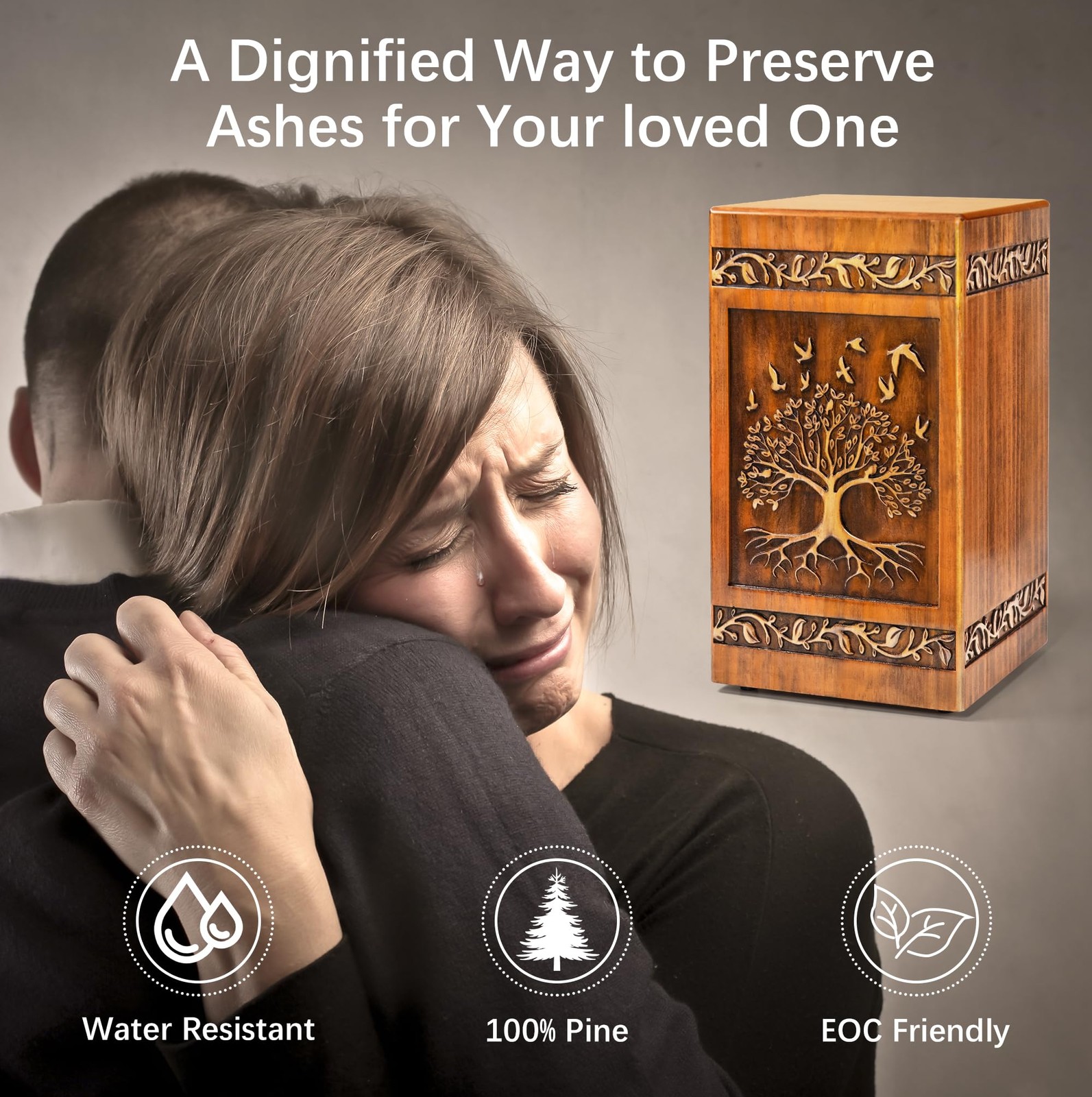 Wooden Cremation Urn 11.23″H 250 Cubic Inches 6.1″L x 6.1″W – Engraved Tree