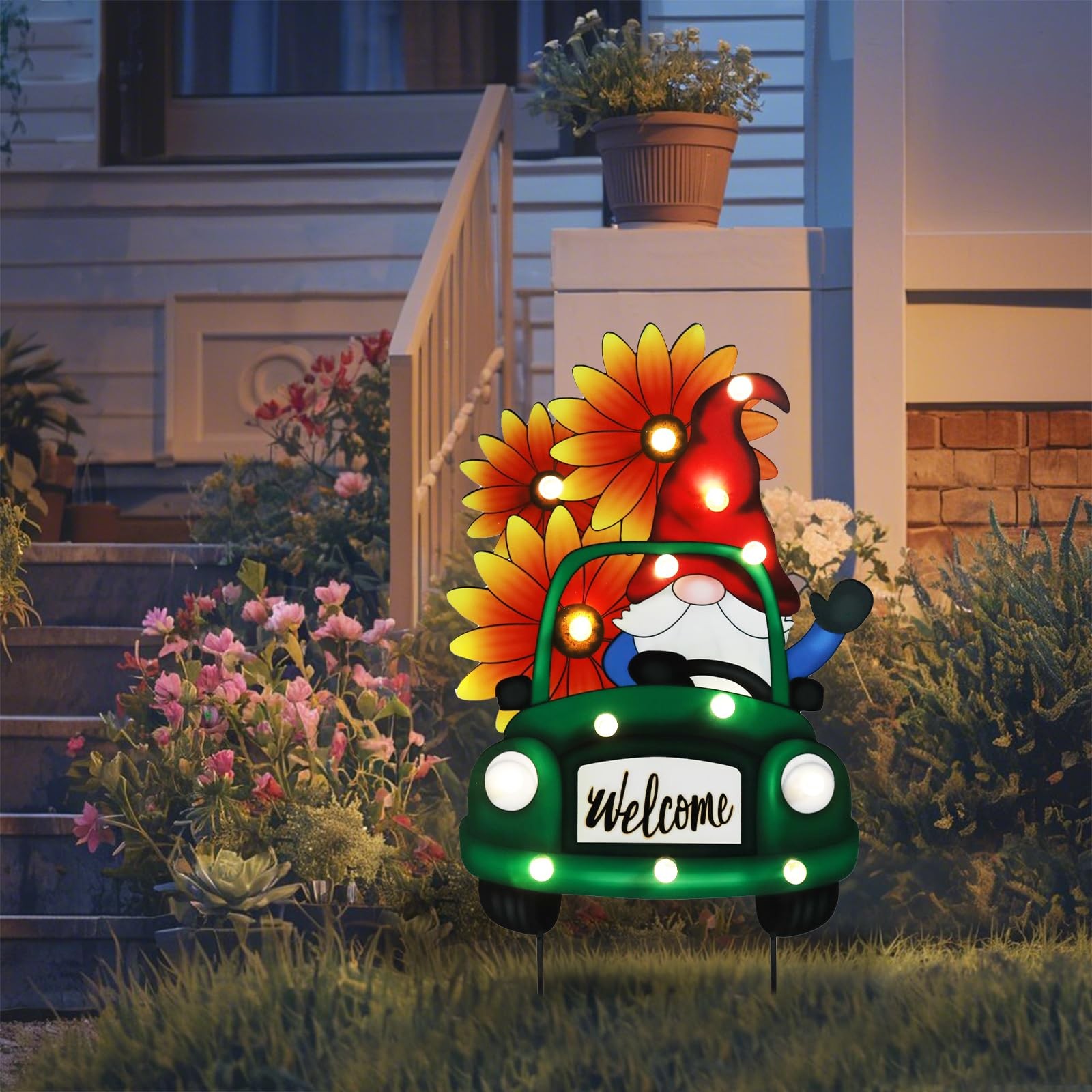 Decorative Garden Stakes – Lighted Gnome Drive Truck Yard Sign Stakes with Su…