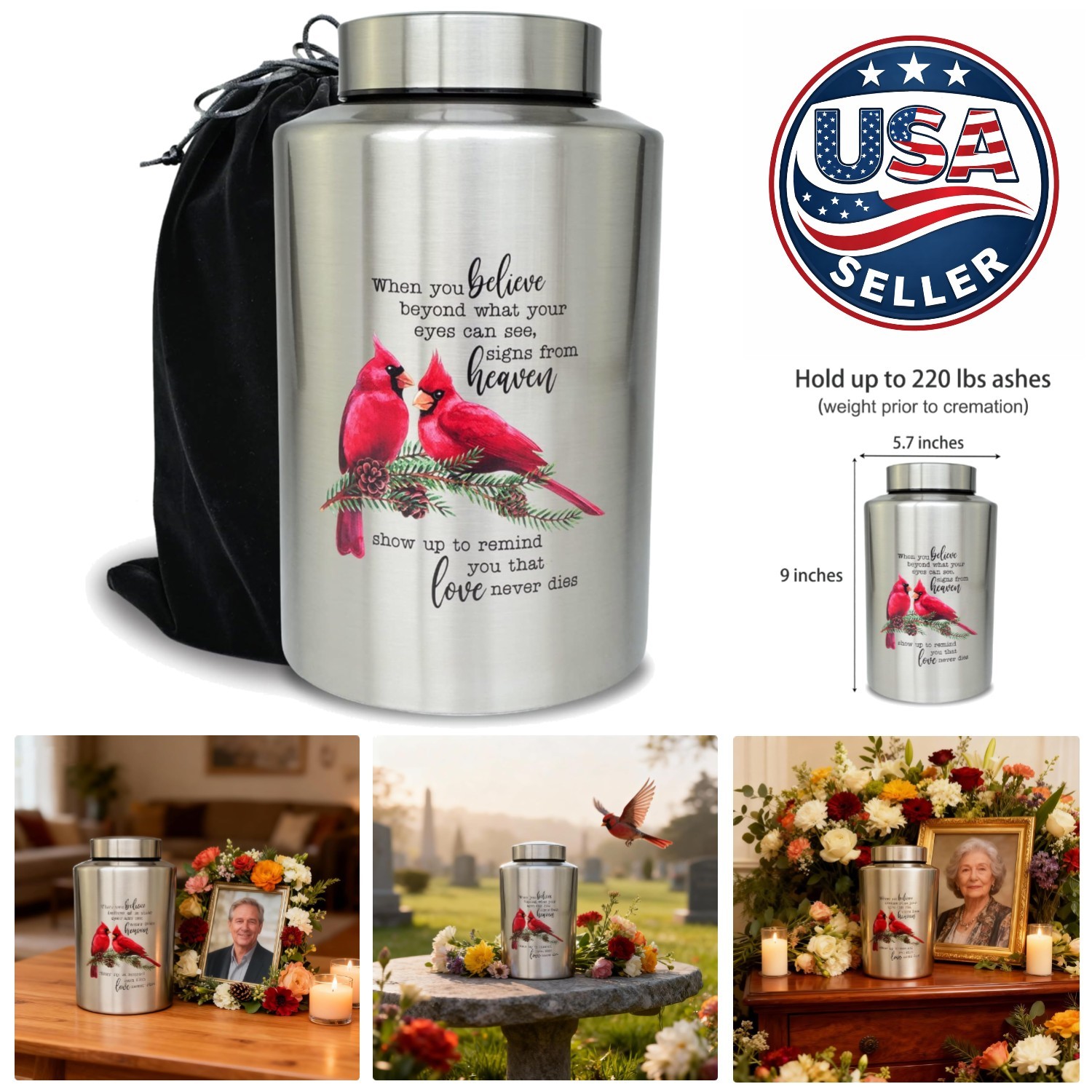 Durable Stainless Steel Cardinal Design Urn for Adult Ashes – 220 lbs Capacity