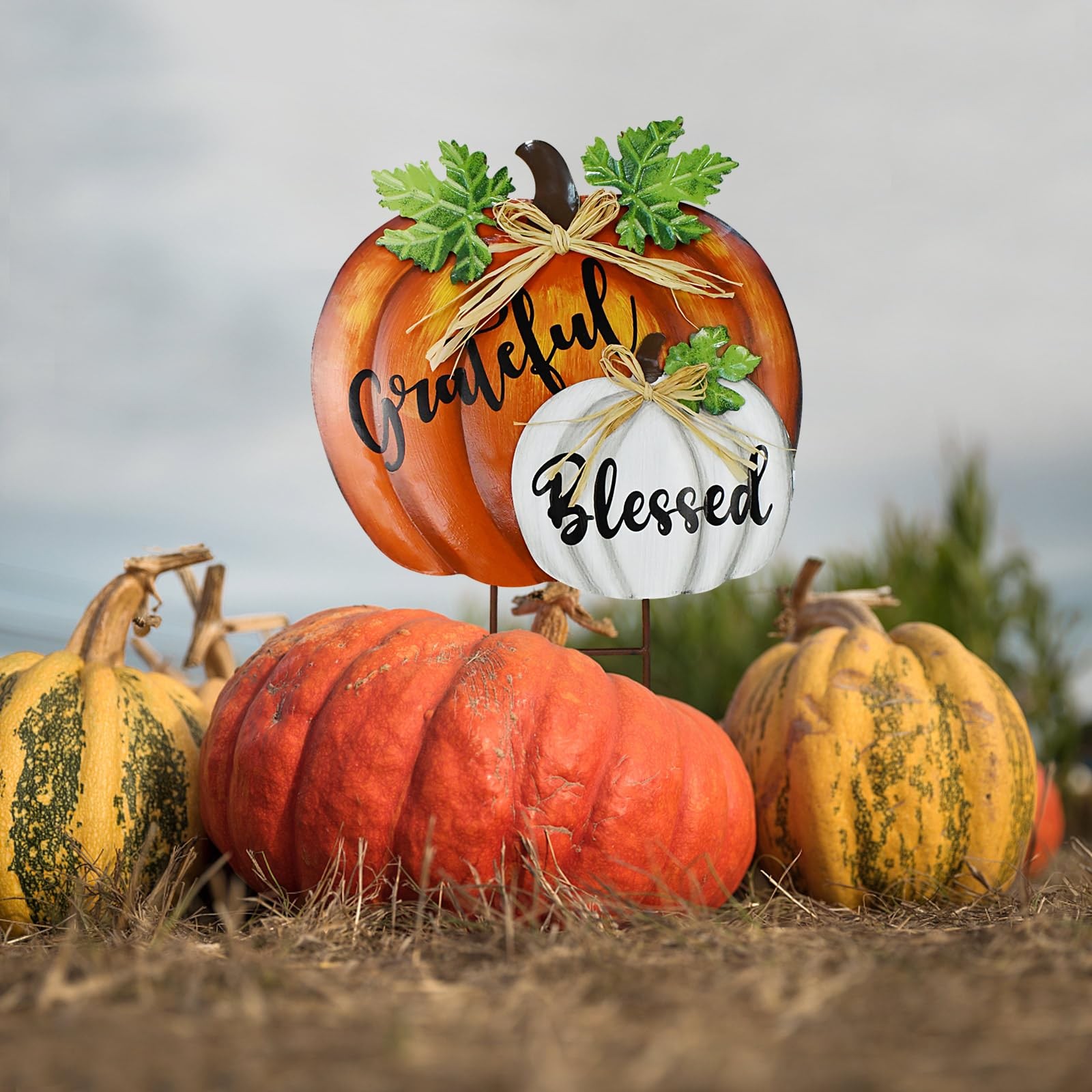 Outdoor Fall Decoration Pumpkin Yard Stakes Metal Garden Stake Stacks Lawn