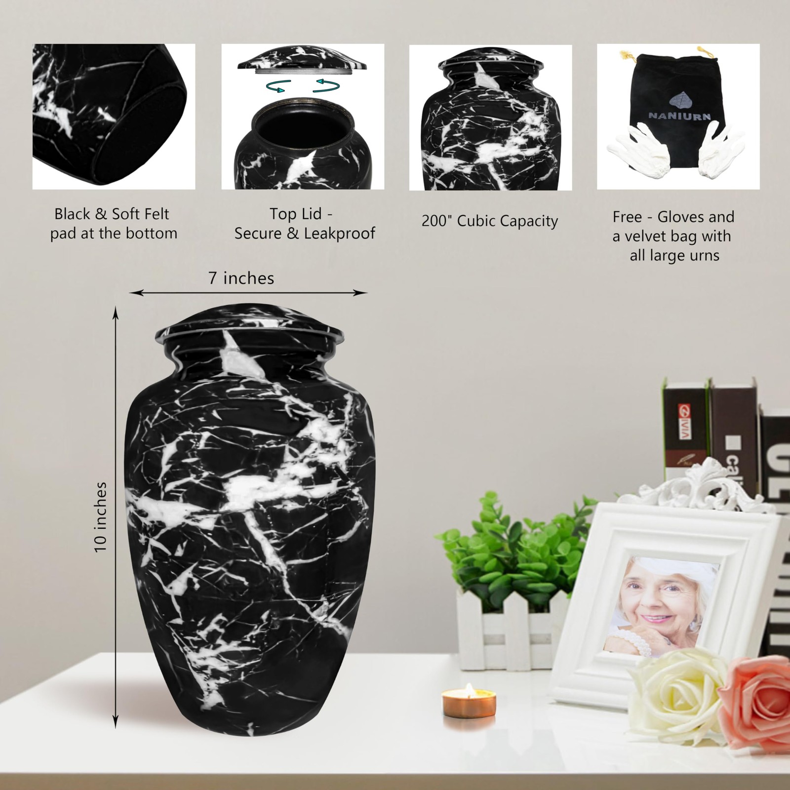 NANIURN Urns for Ashes Adults Male/Women, Large / Adult, Black & White