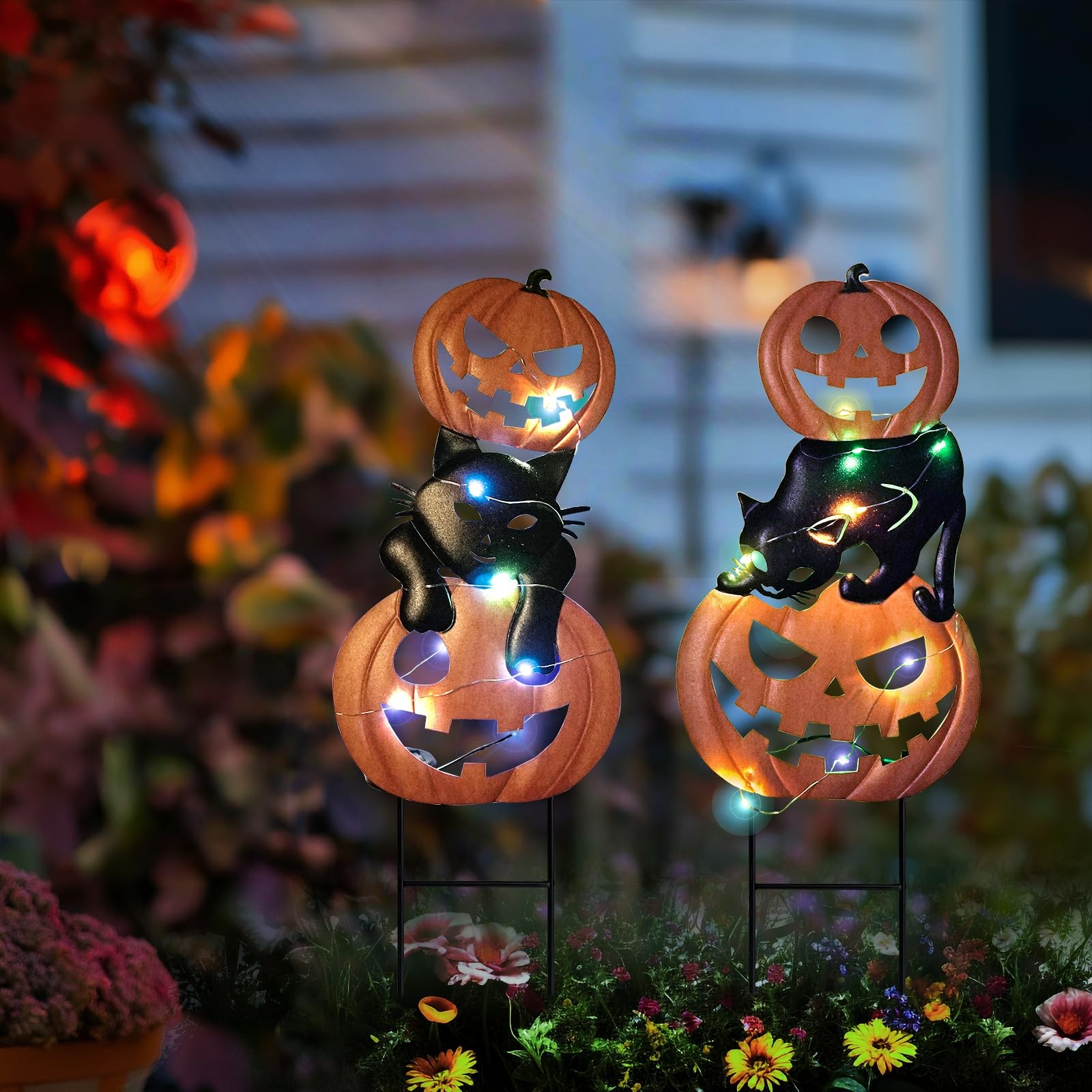 Halloween Decorations Solar Lights, 2 Pack Outdoor Waterproof Metal Pumpkin S…