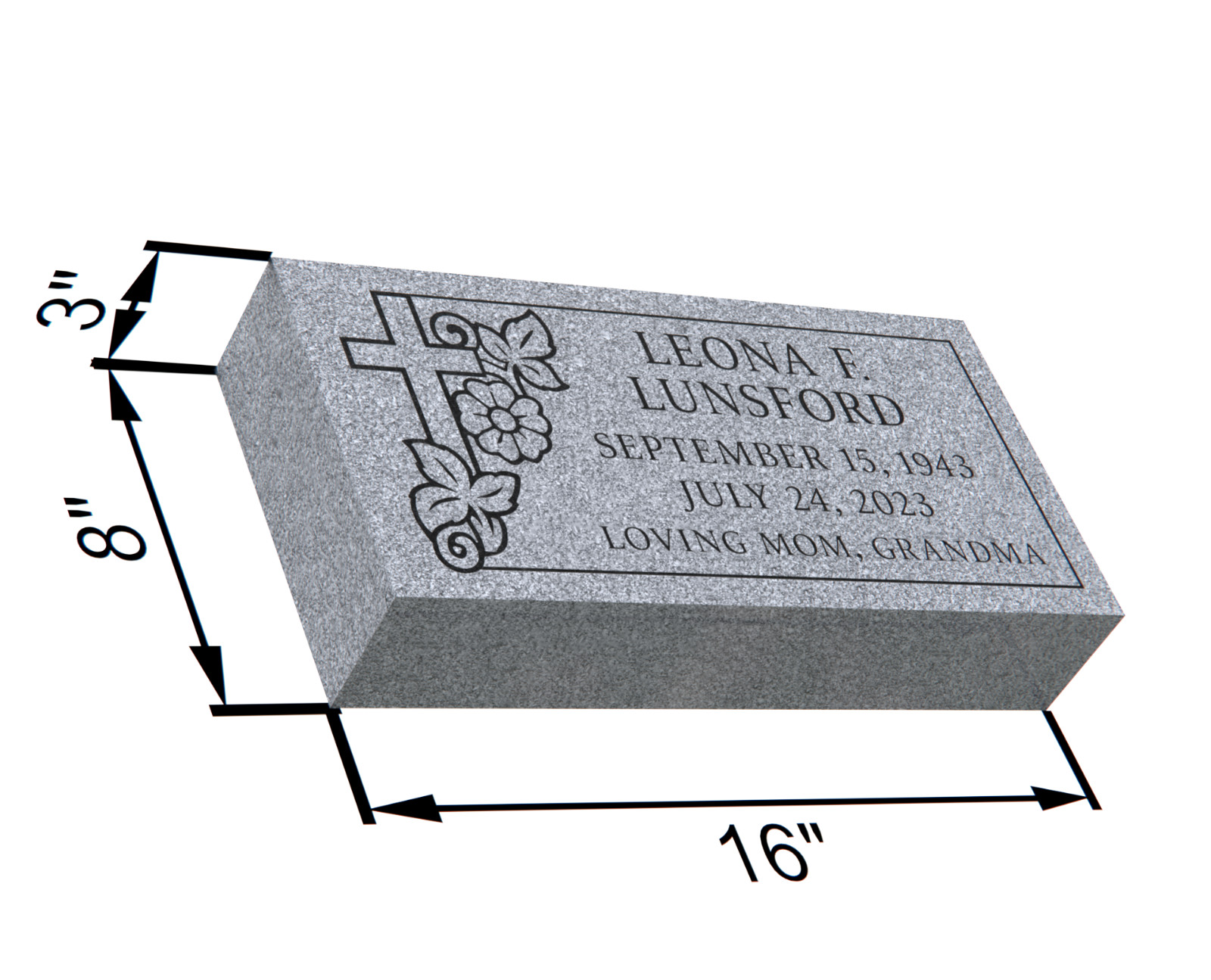 16×8×3″ Gray Granite Flat Grave Marker – Custom Engraved with Cross & Flowers