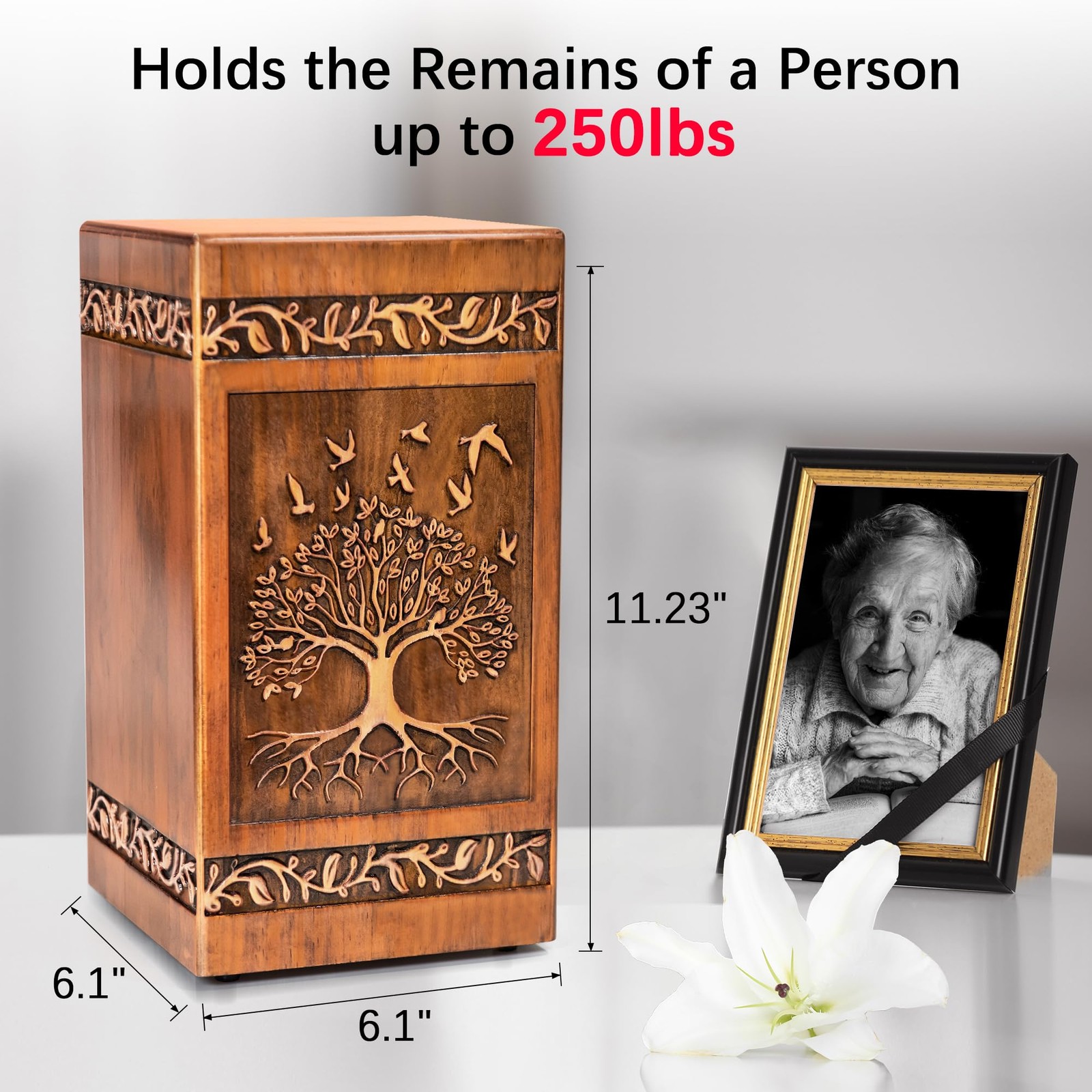Wooden Cremation Urn 11.23″H 250 Cubic Inches 6.1″L x 6.1″W – Engraved Tree