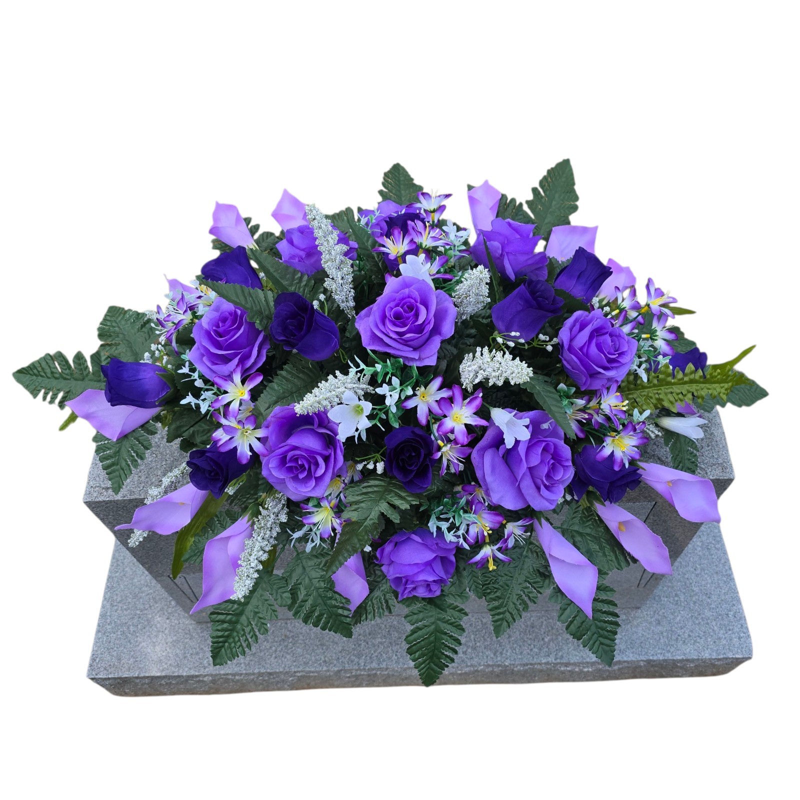 PURPLE HEADSTONE SADDLE WITH PURPLE ROSES & CALLA LILY’S FOR CEMETERY