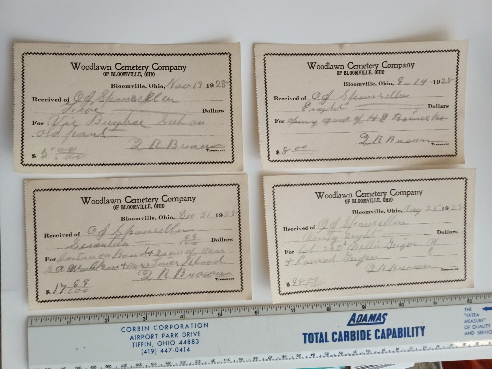 4 BLOOMVILLE OHIO 1928 WOODLAWN CEMETERY RECEIPTS OPEN GRAVE MORTUARY TIFFIN #2