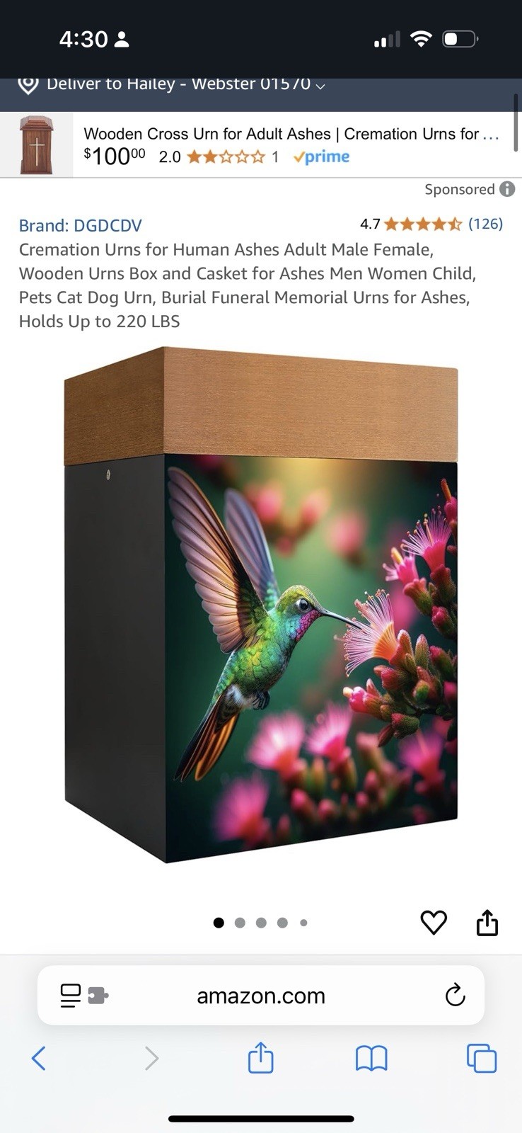 Hummingbird Wood Urn for Ashes of Humans and Animals, Burial Funeral, Memorial