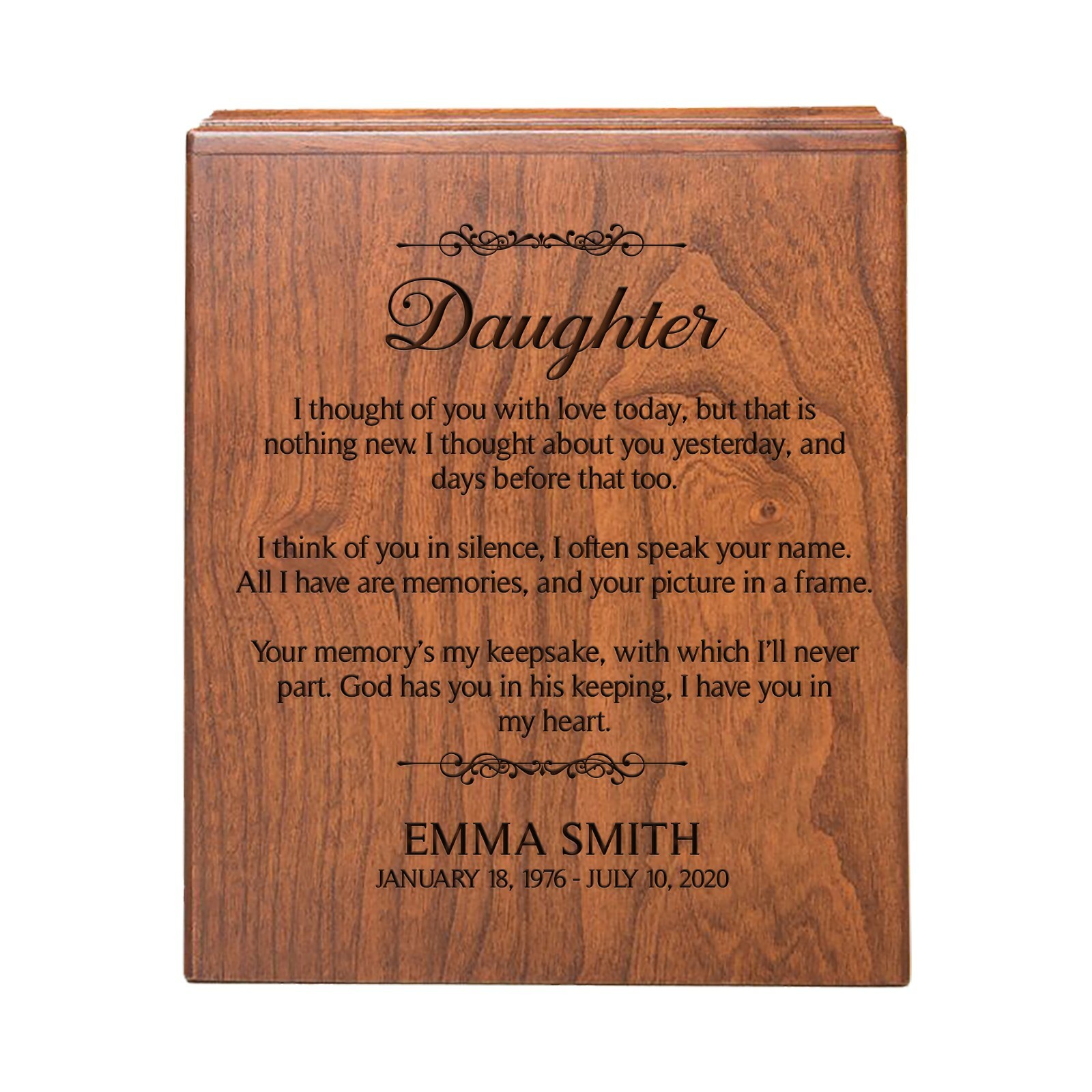Custom Wooden Economy Urn Box holds 280 cu in of Human Ashes 7.75×5.75 Daughter