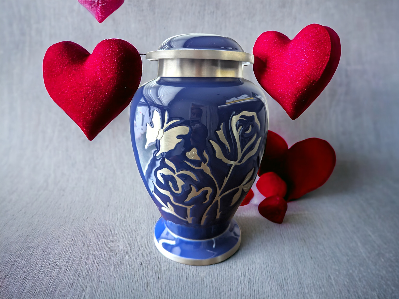 Blue Urn with Butterly & Rose Engraving, Artfully Handcrafted Aluminum