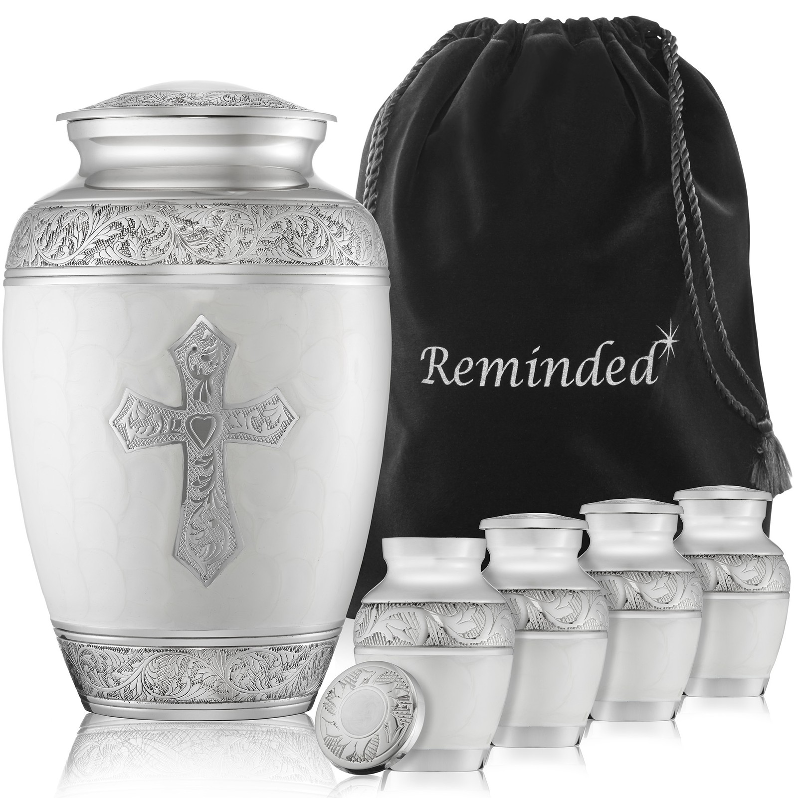 Set of 5 Cross Cremation Urns for Human Ashes – 1 Adult + 4 Keepsake, White