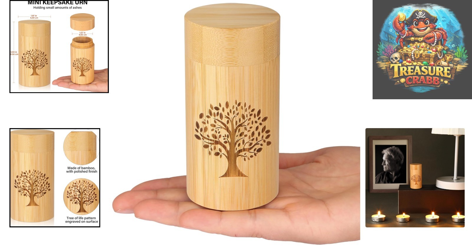 Polished Bamboo Cremation Urn with Tree of Life – 7.5 in³ Elegant Keepsake