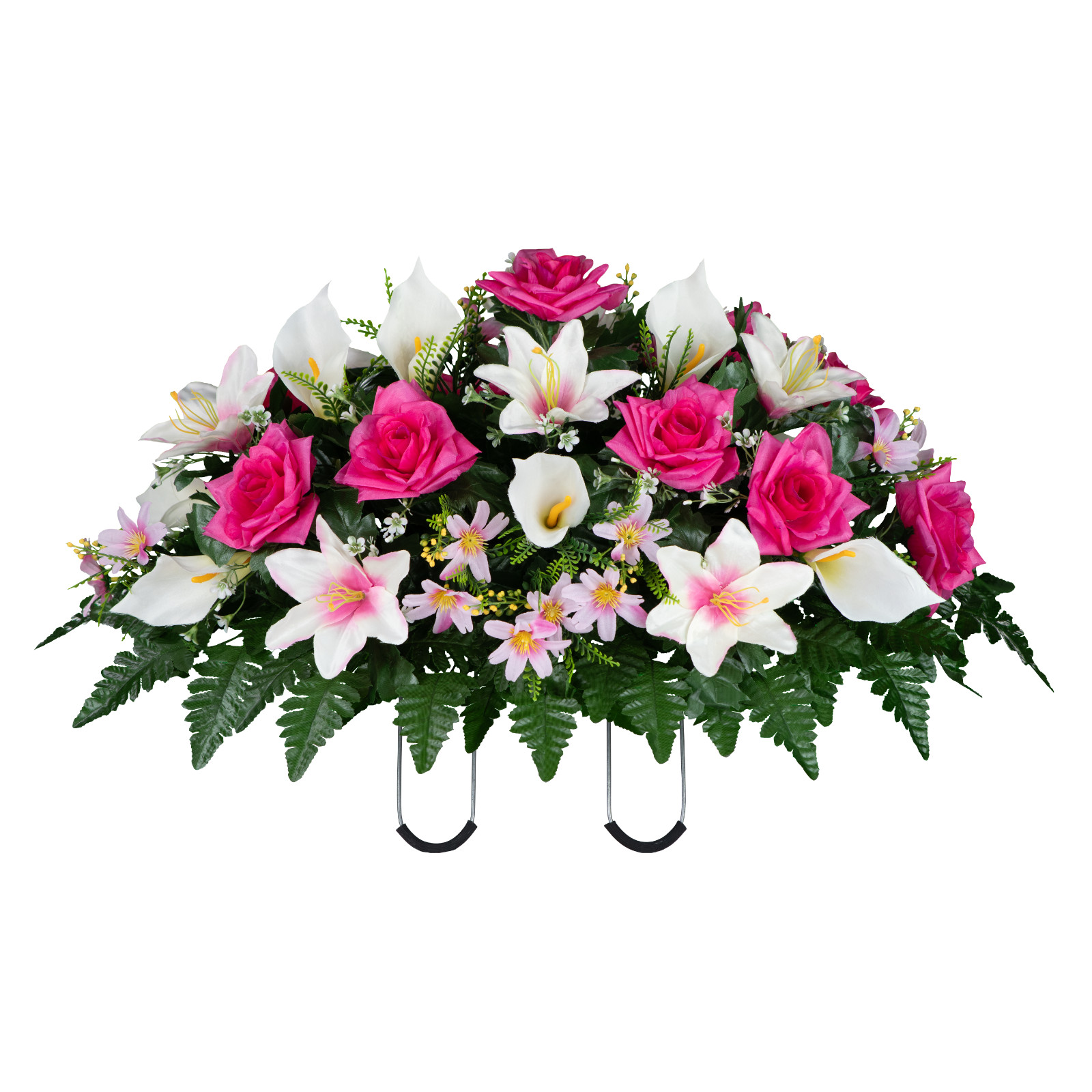 Artificial Headstone Saddle – Beauty Pink Roses, White Calla Lily and Lilies