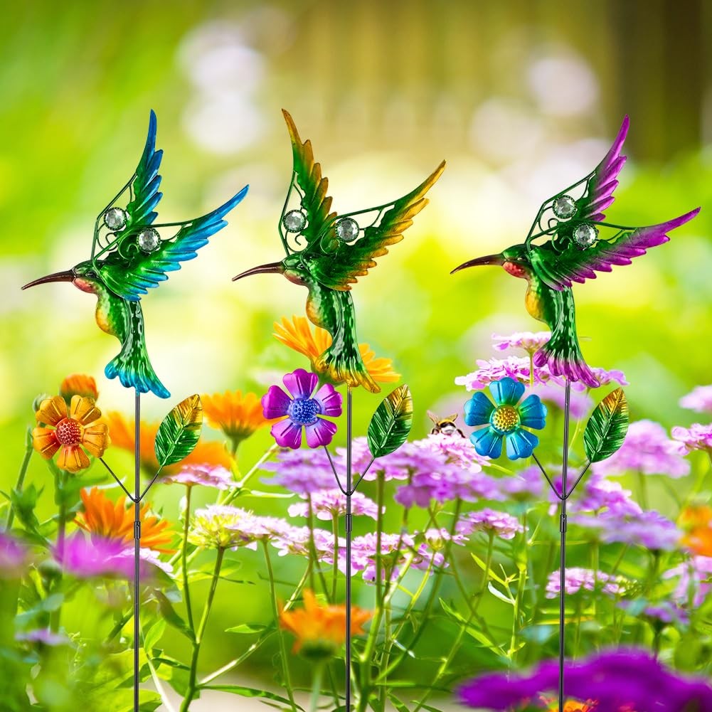 3 Pcs Hummingbird Decorative Garden Stakes with Metal Flower Set Spring Outdo