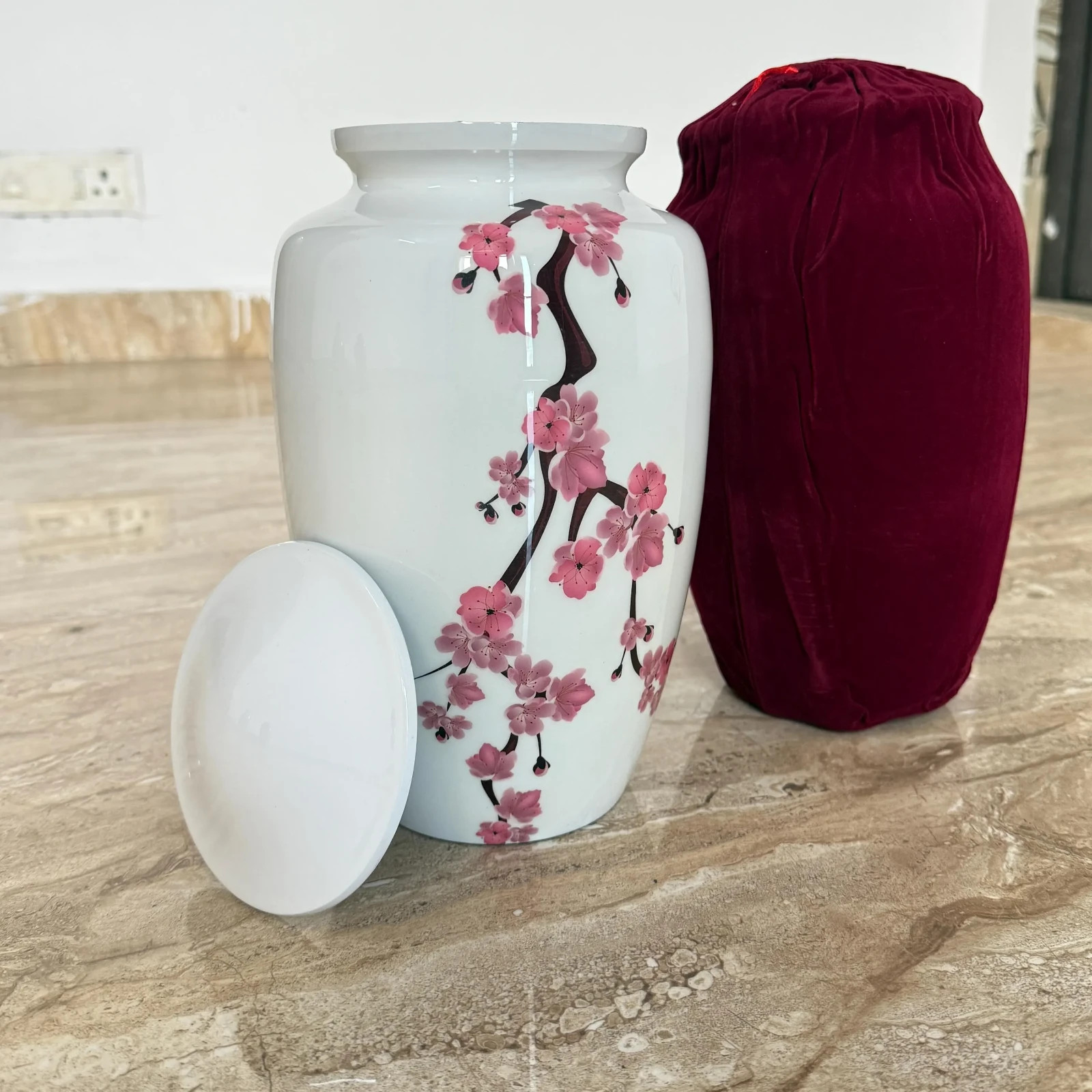 Cherry Blossom Cremation Urn, Pink Flowers, Funeral Urn 200 cu in (white)