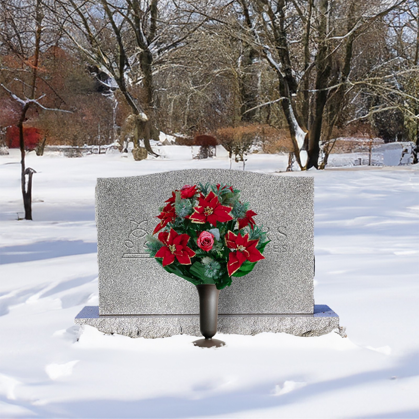 Artificial Flowers- Red Poinsettias, Roses, Glitter & Frosted Branches with Vase