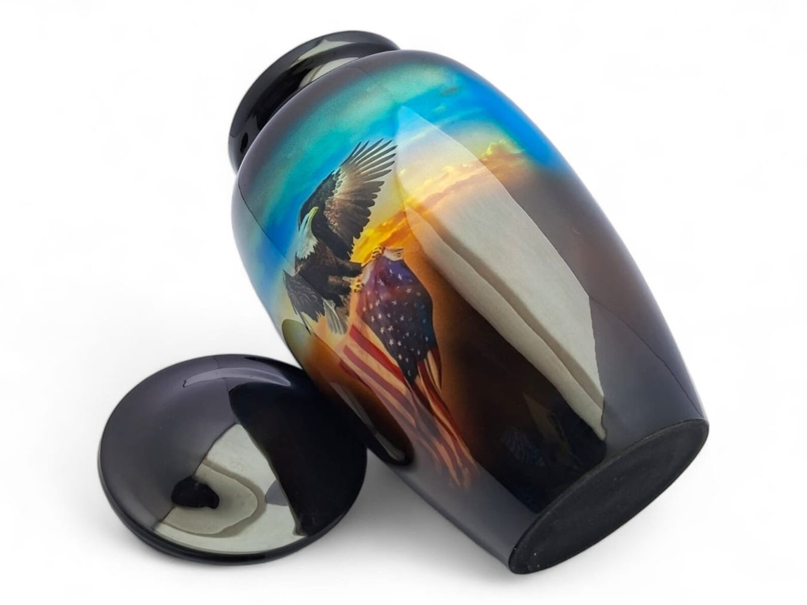 Black USA Flag & Eagle Adult Cremation Urn Handcrafted Metal Patriotic Memorable