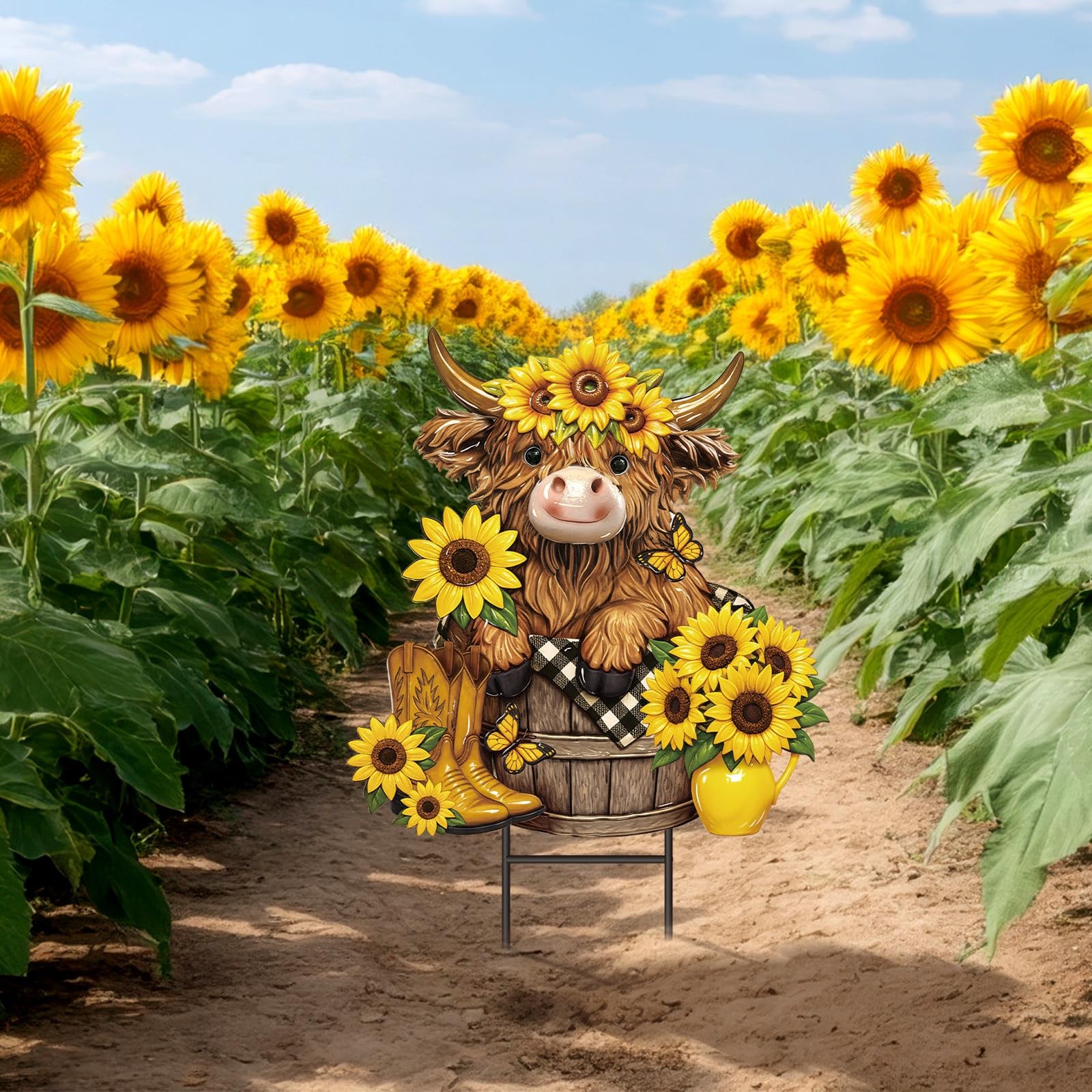 Highland Cow Metal Garden Stakes Outdoor Decor Summer Sunflowers Yard Signs
