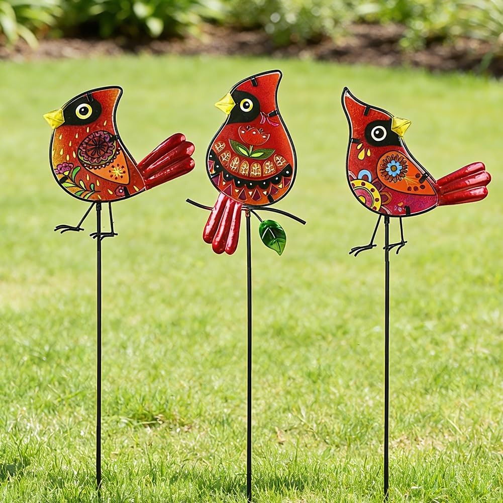 Decorative Garden Stakes,Set of 3 Cardinal Stained Glass Metal Yard Art,Water…
