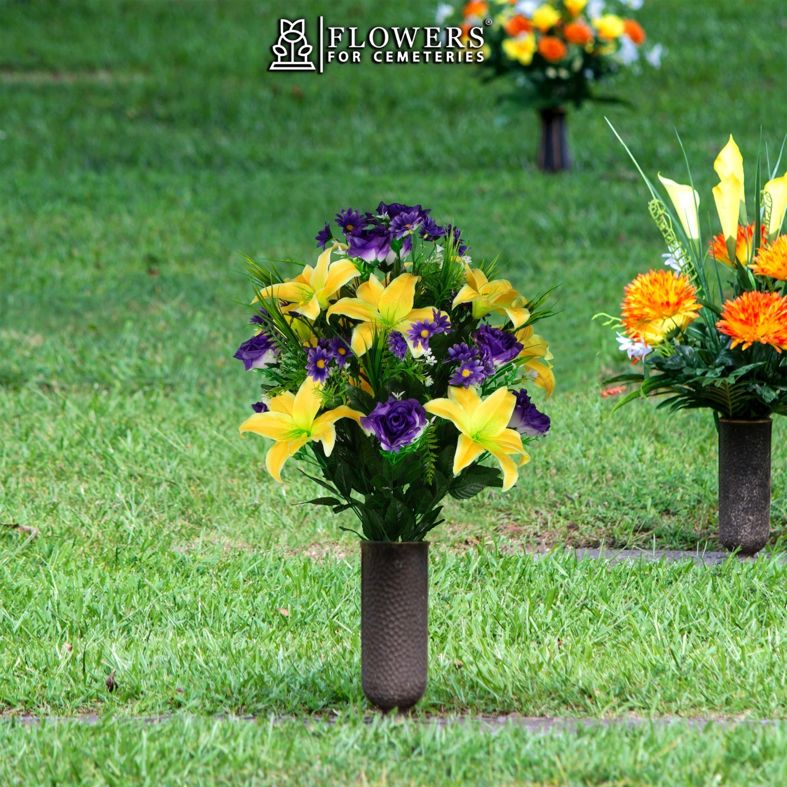 Artificial Cemetery Flowers- Yellow Lily with Purple Rose and Daisies with Vase