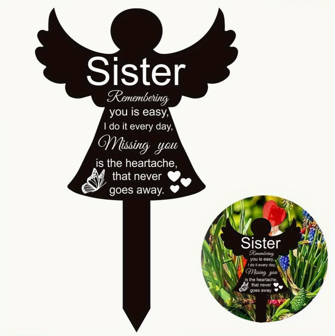 Miss You Memorial Headstone/Graveside Stake for Sister- Black/White, 8″x5″