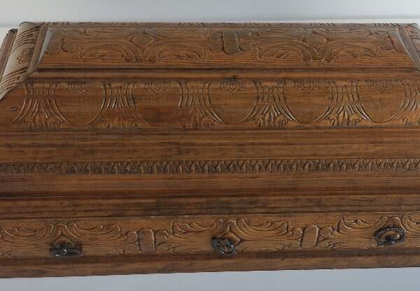 Antique Hand Carved Wooden Infant Baby Casket Coffin Hinged Lid