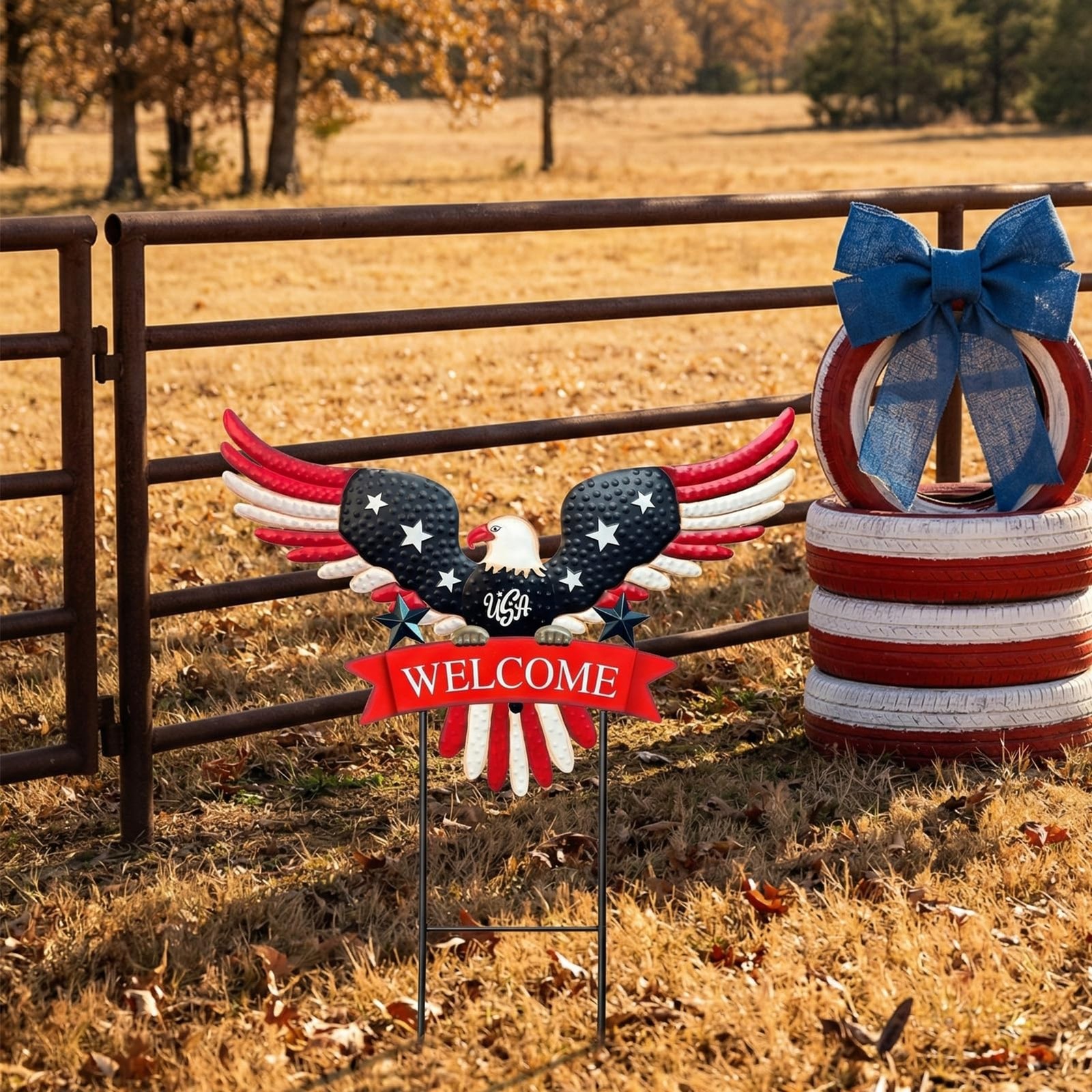 Patriotic Eagle Welcome Garden Stake Metal Red White Blue Yard Art
