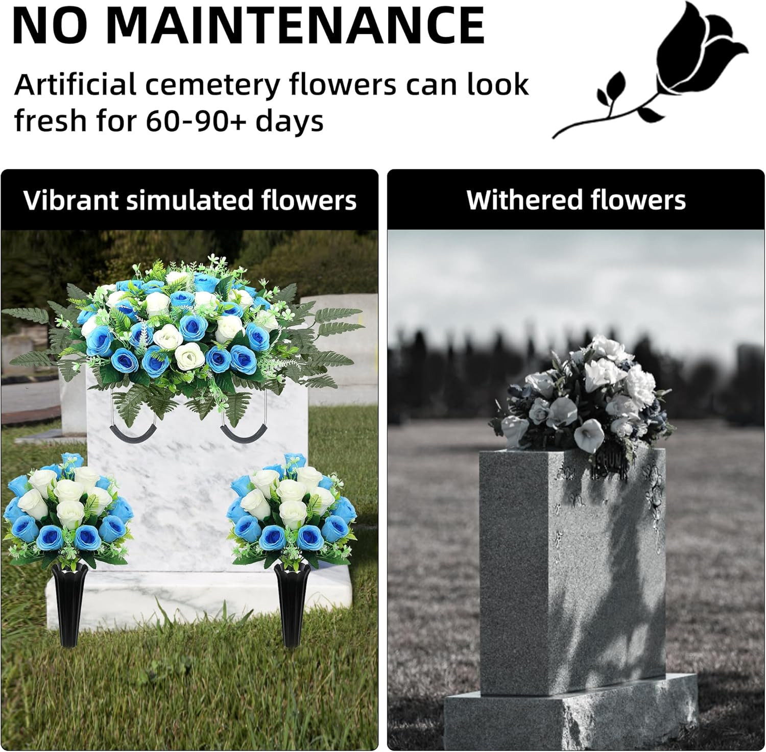 Realistic Large Cemetery Flowers for Grave Memorial – 3Pcs Blue White Set