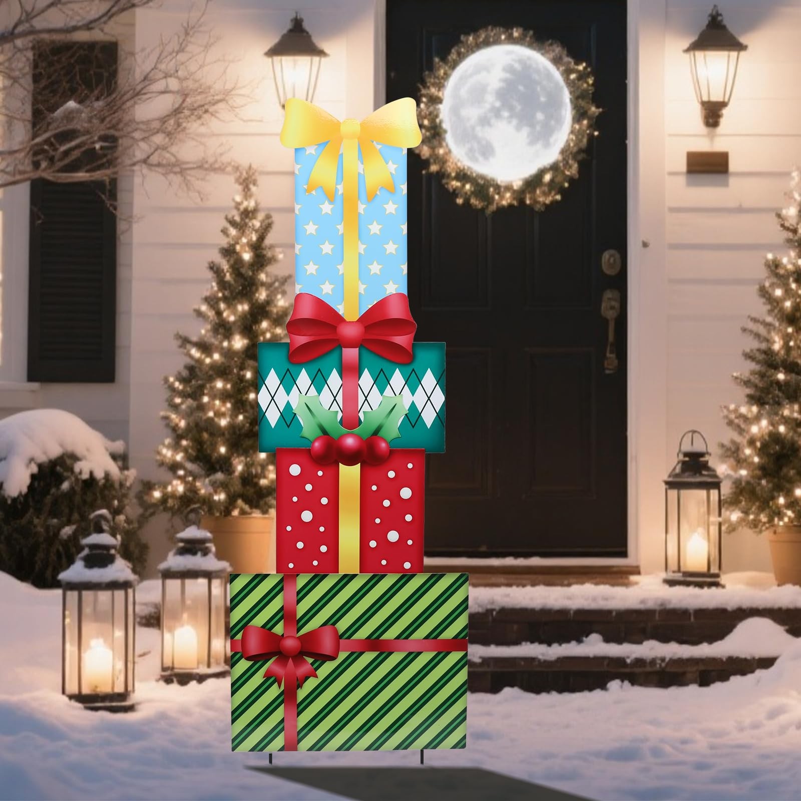 Christmas Yard Signs Metal Gift Boxes for Outdoor Lawn Pathway Decor