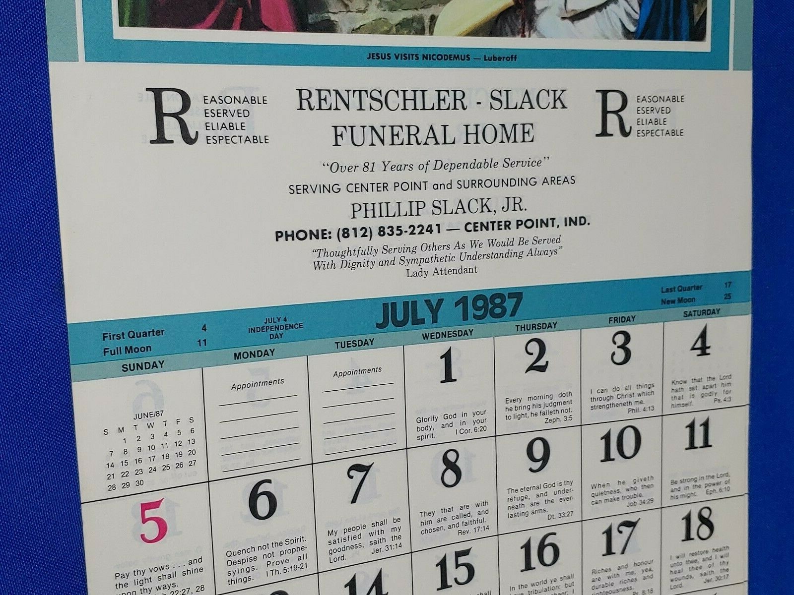 1987 Funeral Home Advertising Calendar Antique-VTG Mortician Ambulance Indiana