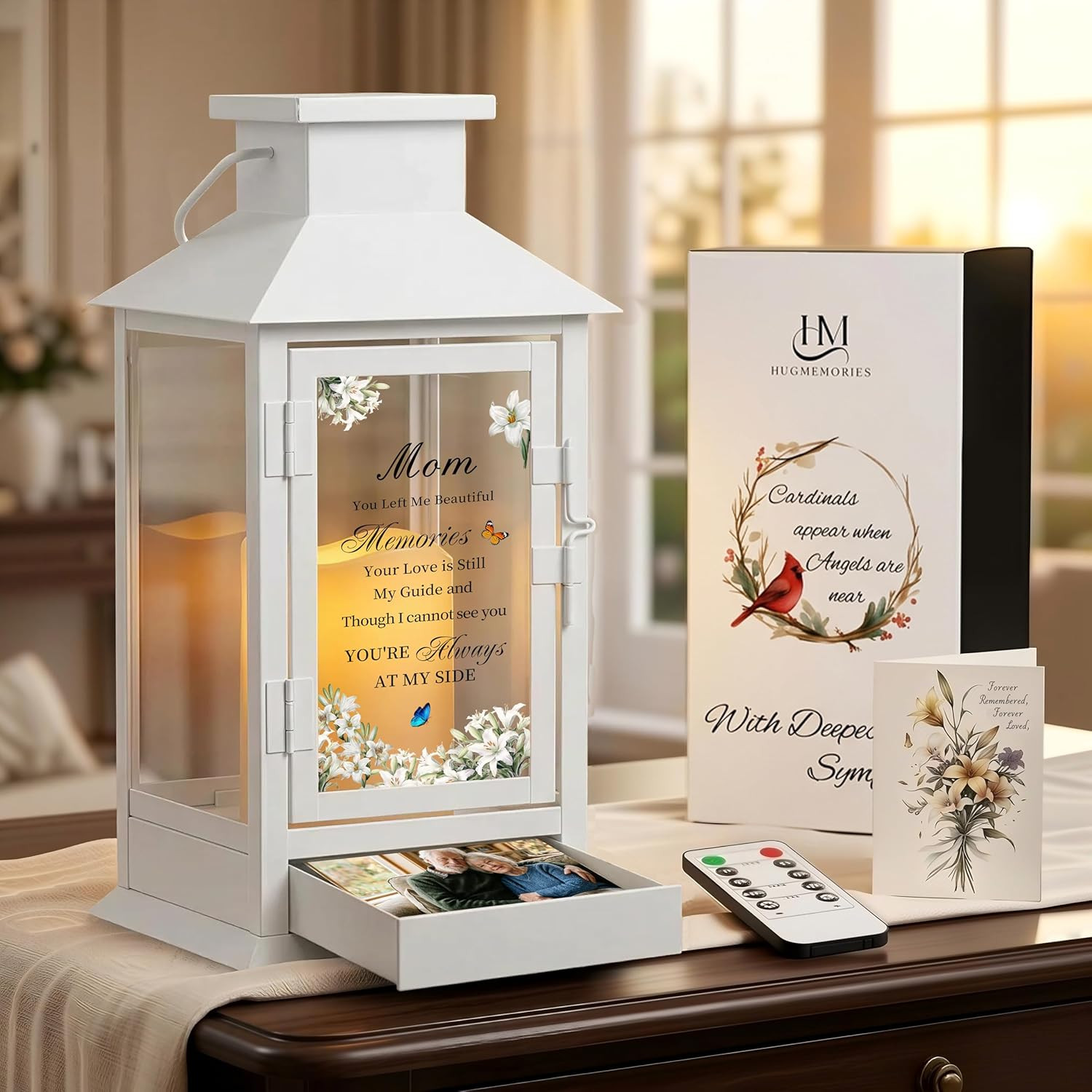 Sympathy Memorial Gifts for Loss of Mom, Memorial Lantern with Drawer for Keepsa