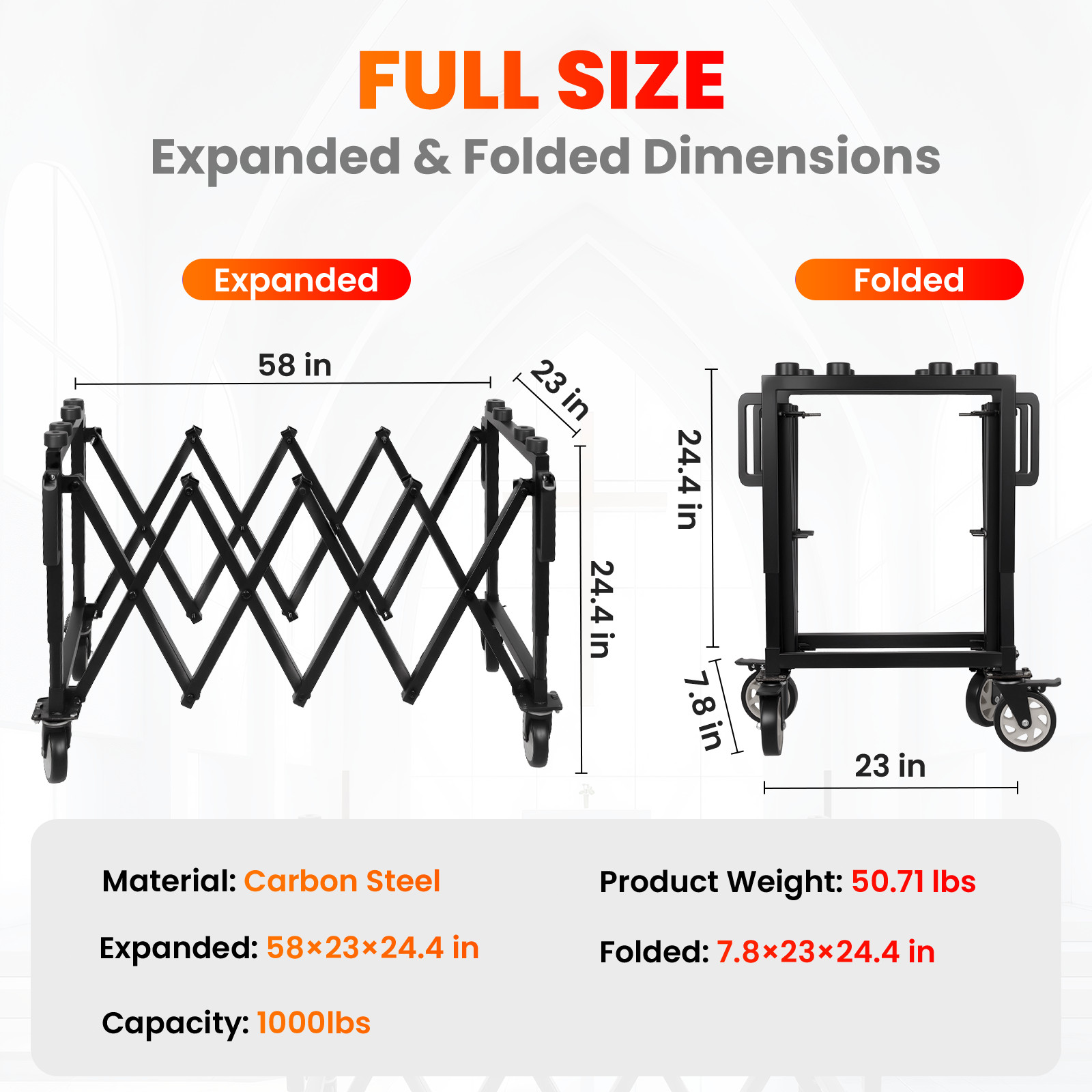 1000LBS Carbon Steel Portable Foldable Funeral Church Truck with Lockable Wheels