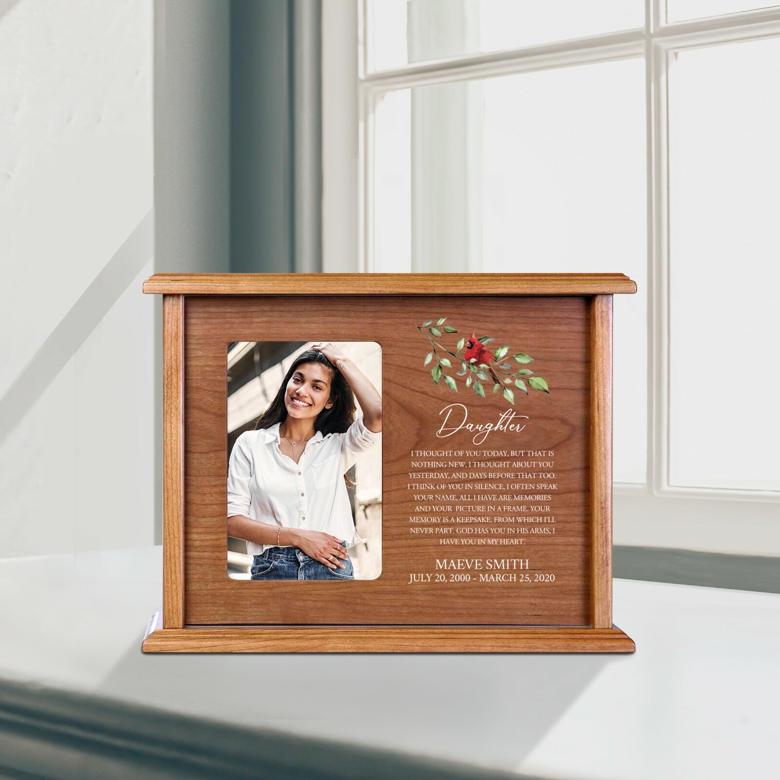 Custom Memorial Cardinal Cremation Urn Box Holds 4×6 Photo – Daughter I Thought