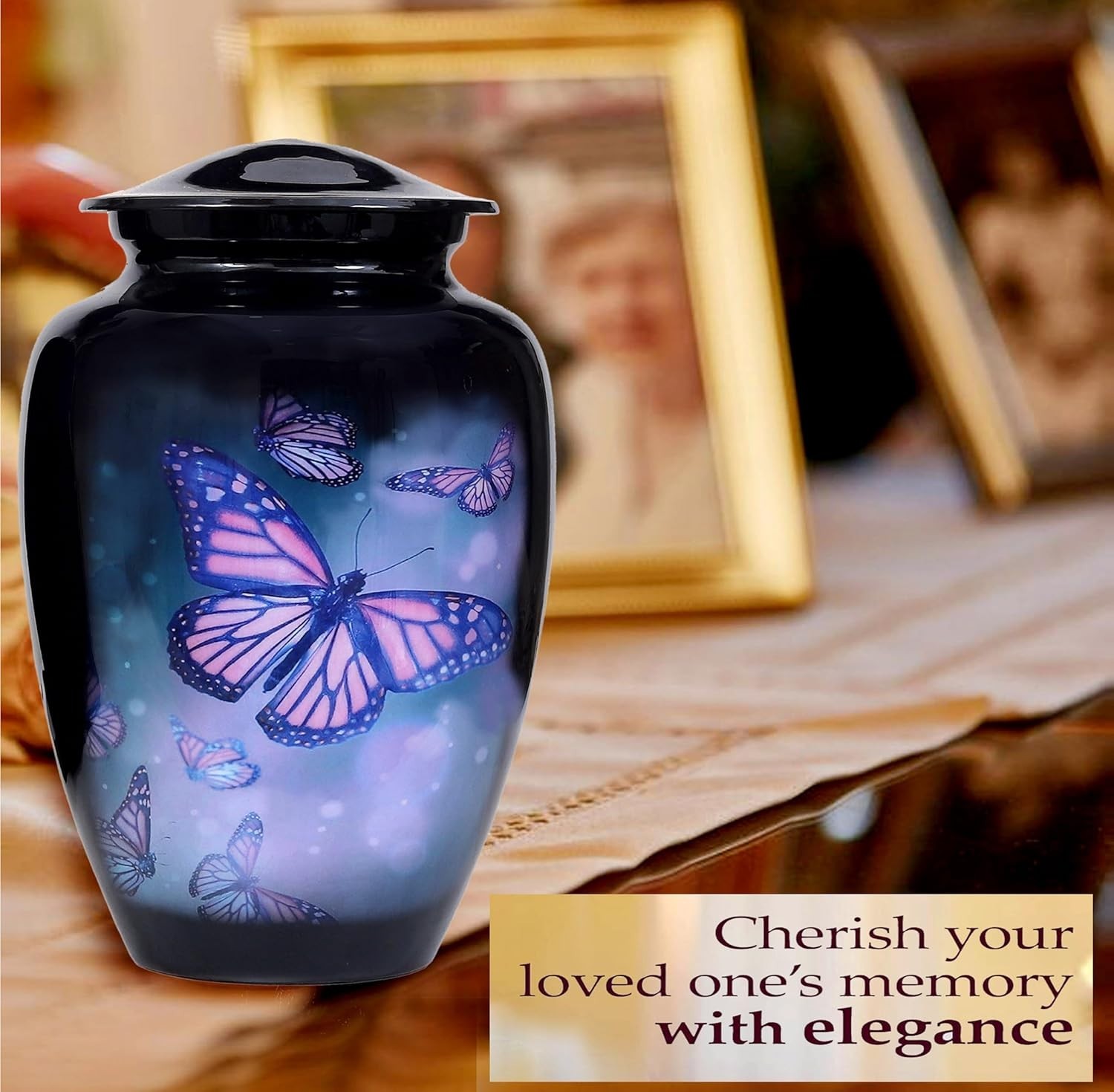 Butterfly Cremation Urn Black Purple Aluminum Large 200 cu in