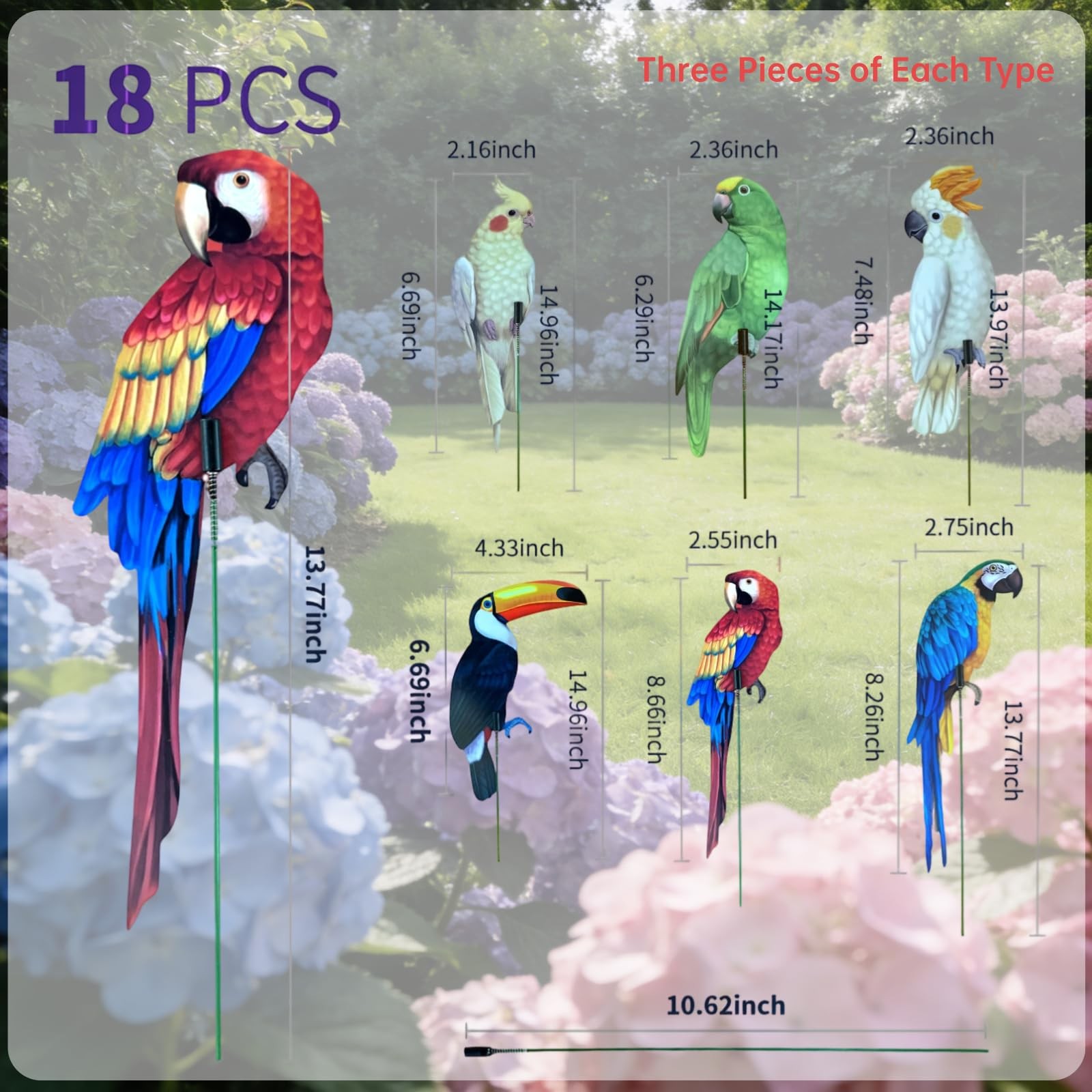 18PCS 2D Flat Parrot Garden Stakes Outdoor Yard Decor
