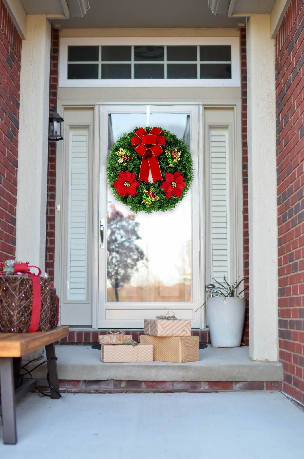 Artificial Wreath – Red Poinsettias & Holiday Ornaments with Bow & Door Handle