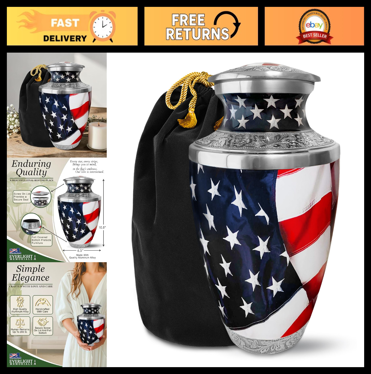 Large Patriotic American Flag Cremation Urn for Adult Ashes – Memorial Funeral D