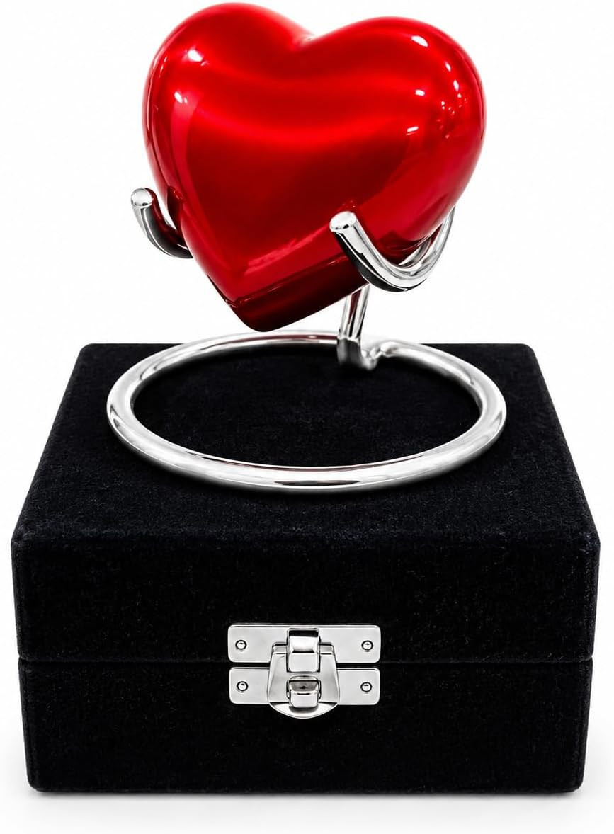Red Heart Cremation Urn – Keepsake for Human Ashes with Premium Box & Stand – Sm