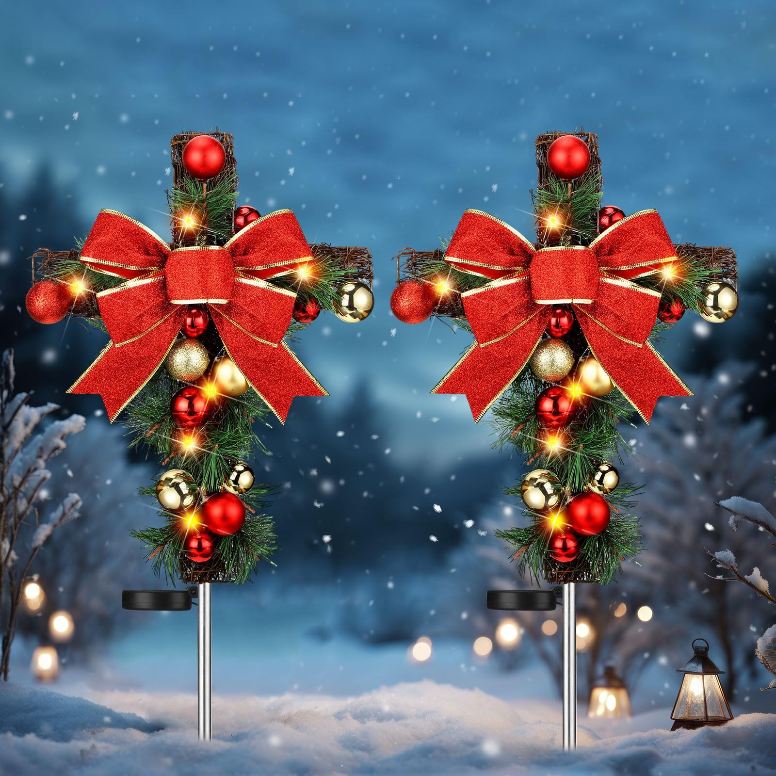 2 Pcs Solar Cross Christmas Decorations Cemetery Grave Decoration Outdoor Lig…